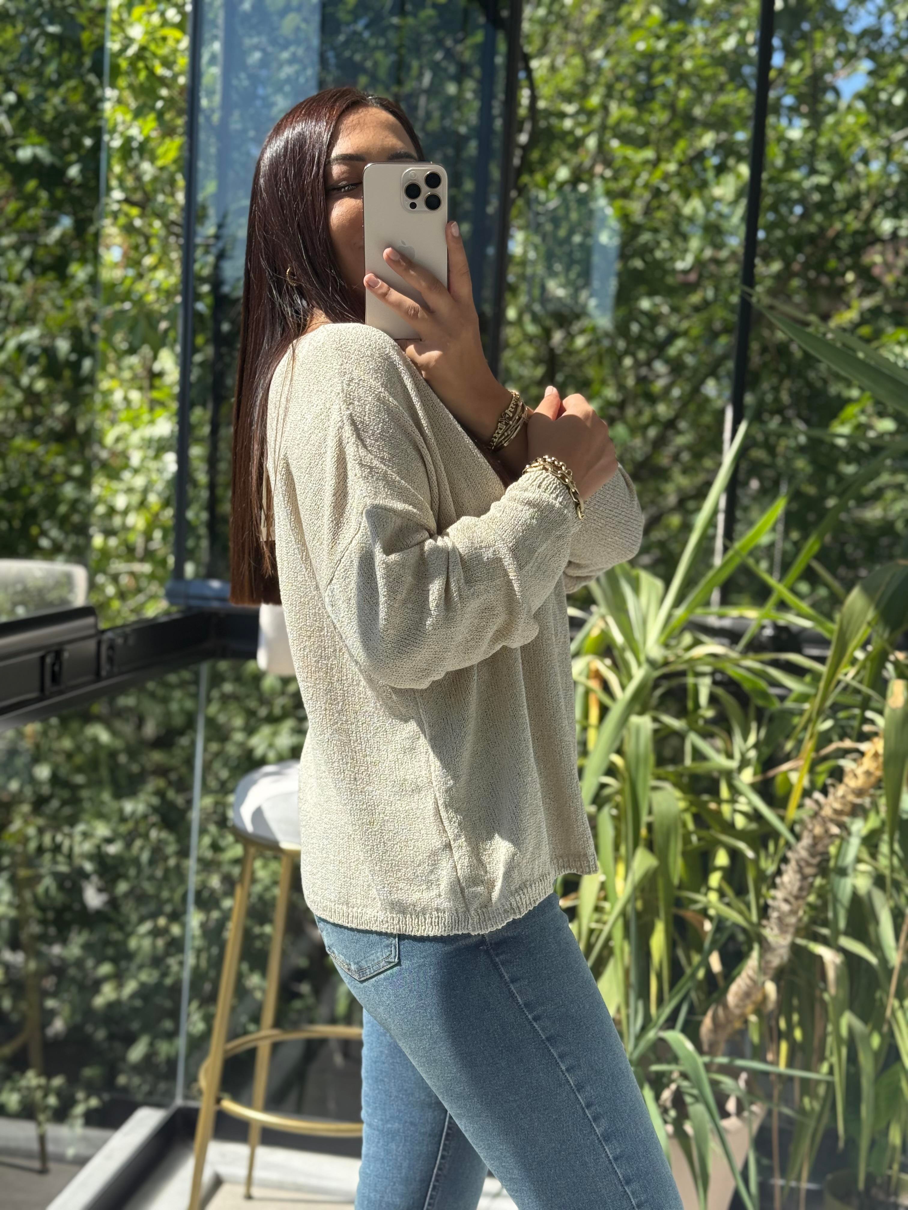 Kayık Yaka İnce Triko Bej