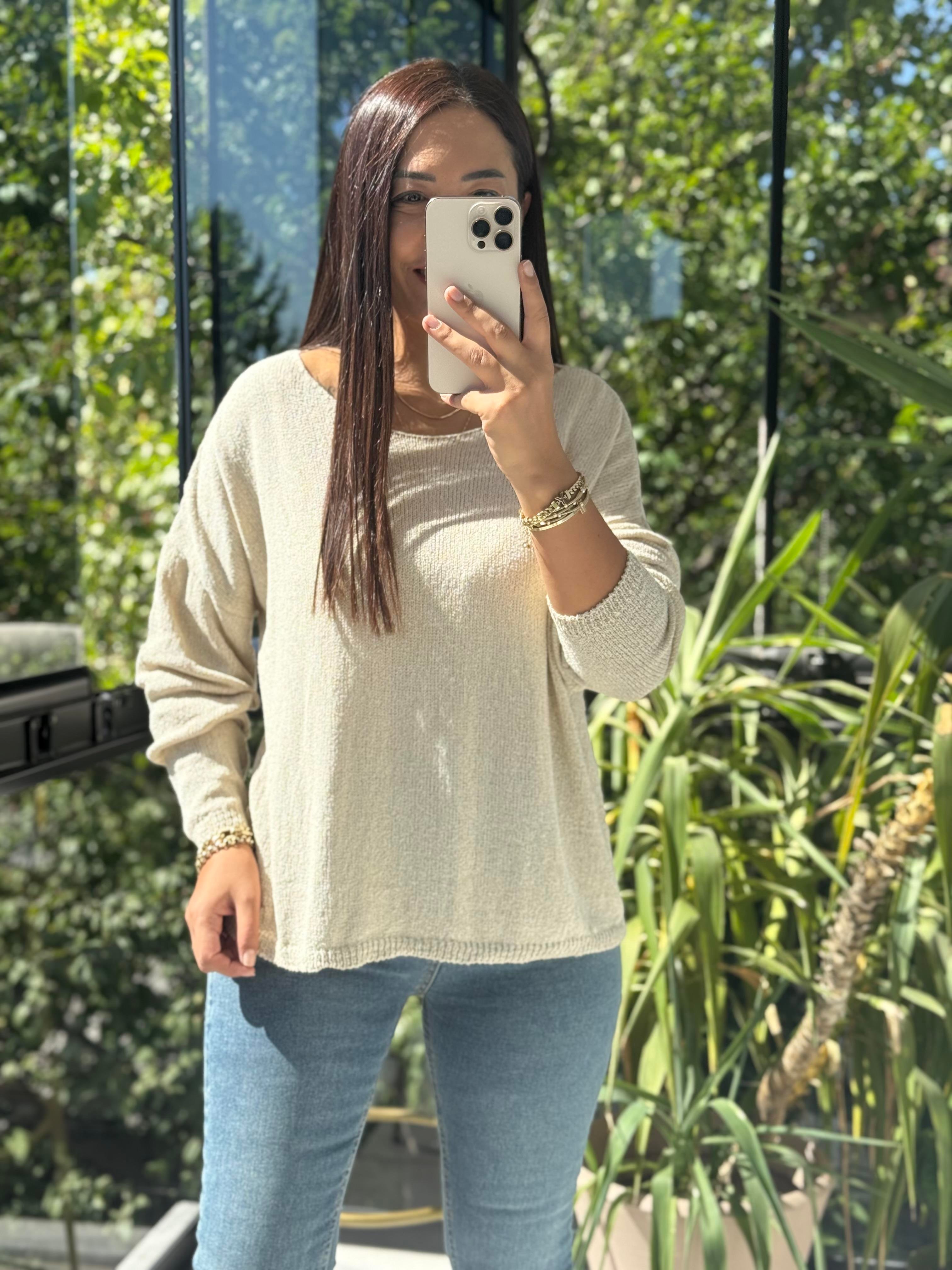 Kayık Yaka İnce Triko Bej