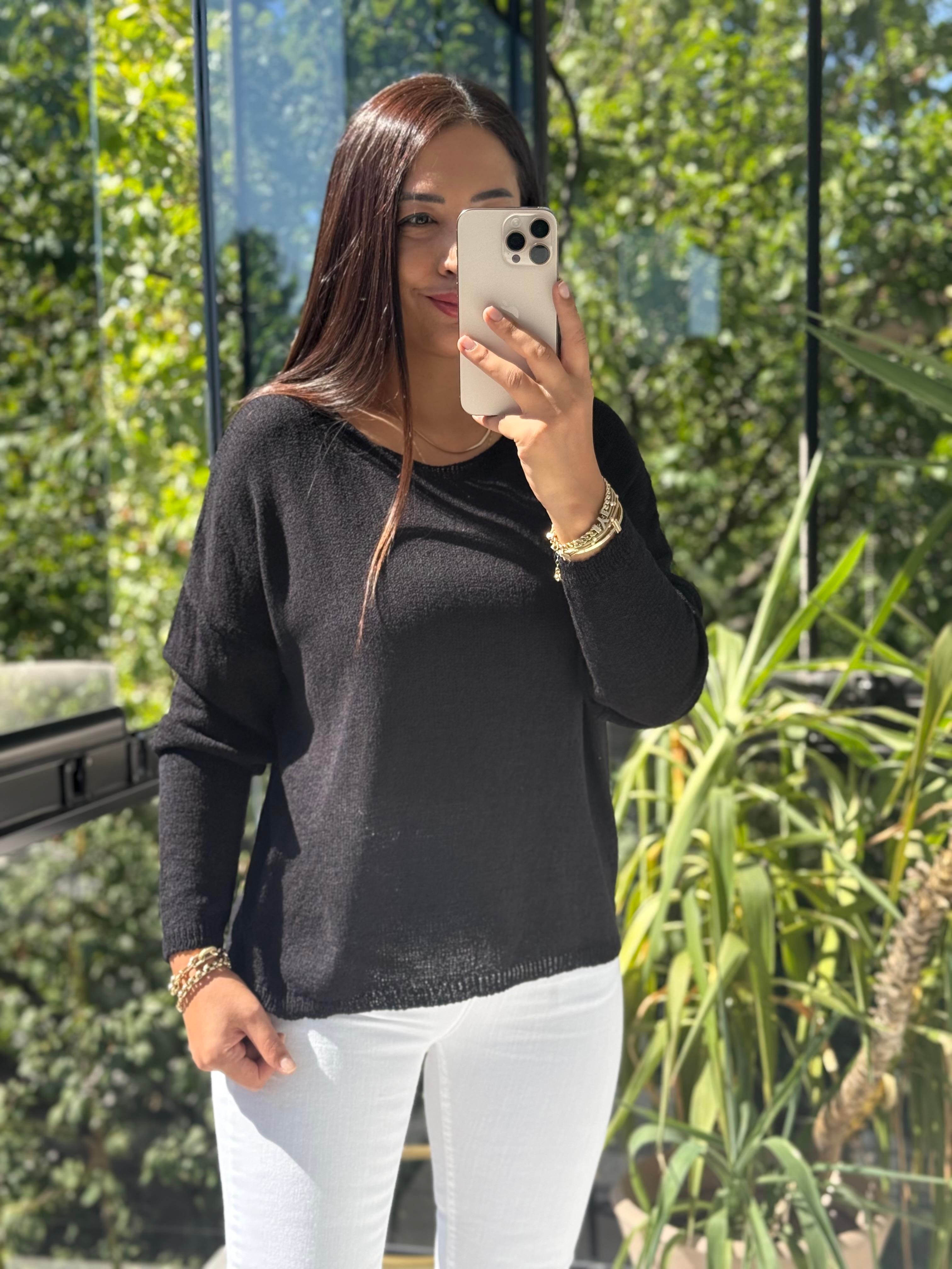 Kayık Yaka İnce Triko Siyah