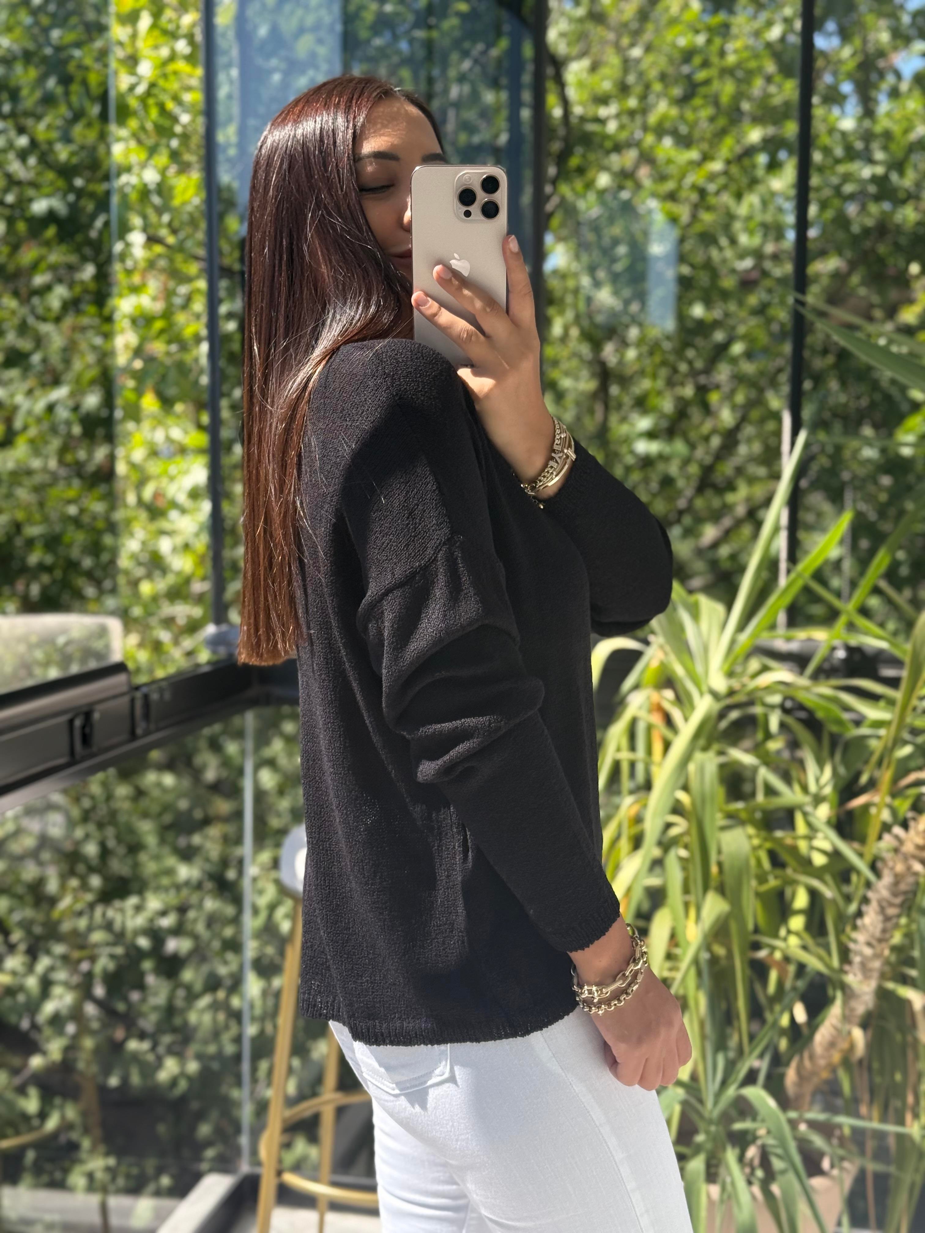 Kayık Yaka İnce Triko Siyah