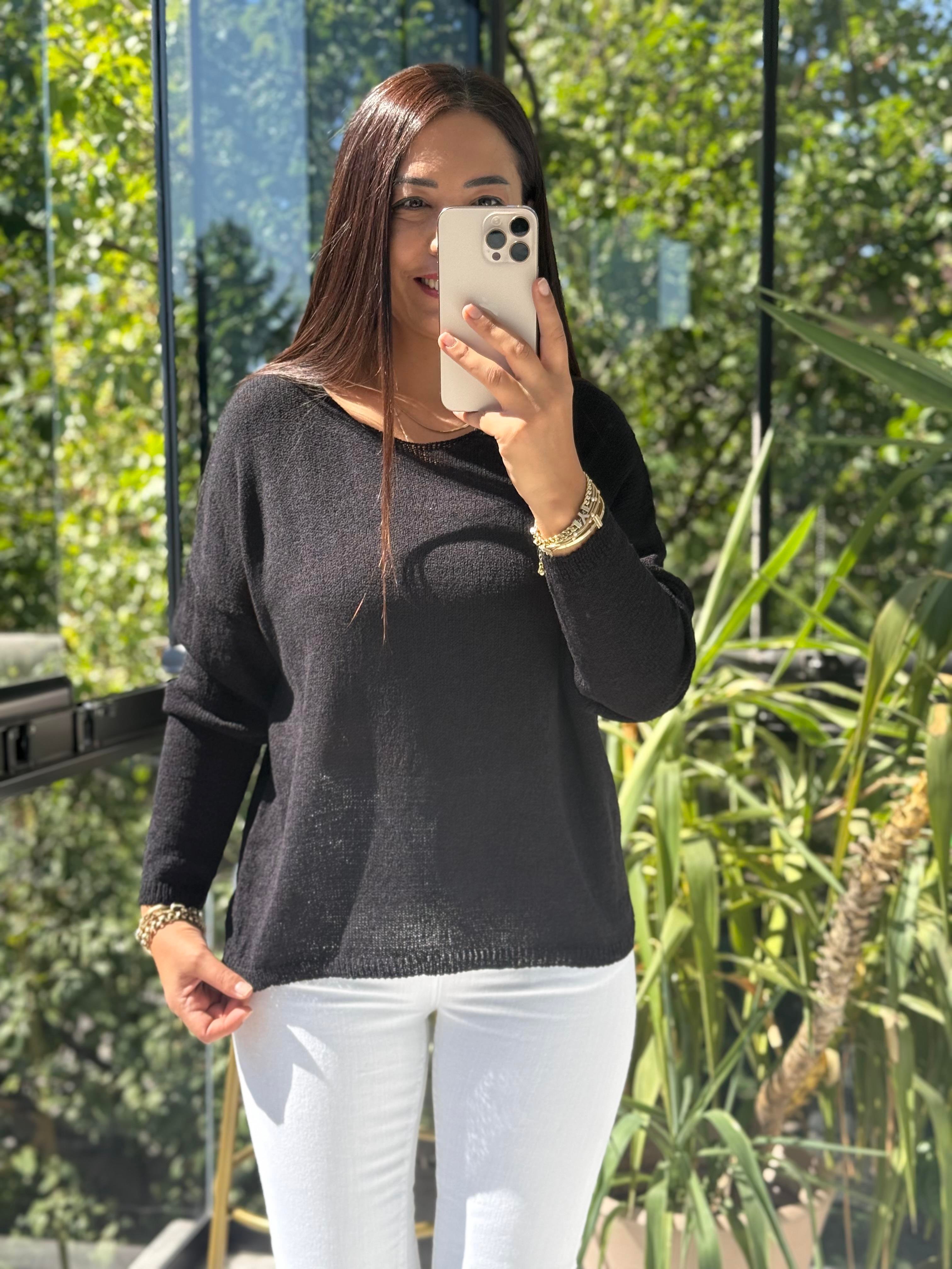 Kayık Yaka İnce Triko Siyah