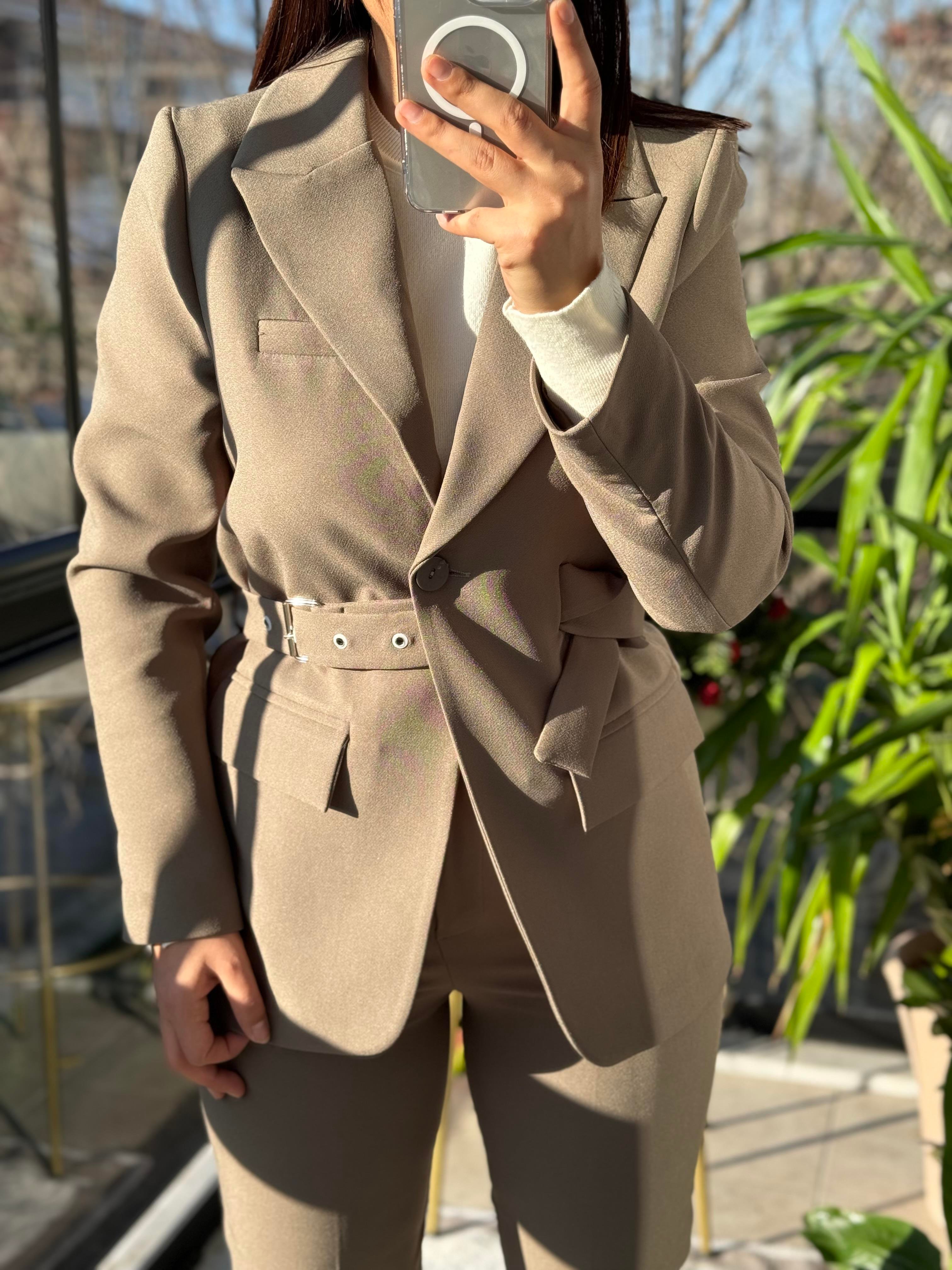 Kemerli Blazer Ceket Haki Yeşili