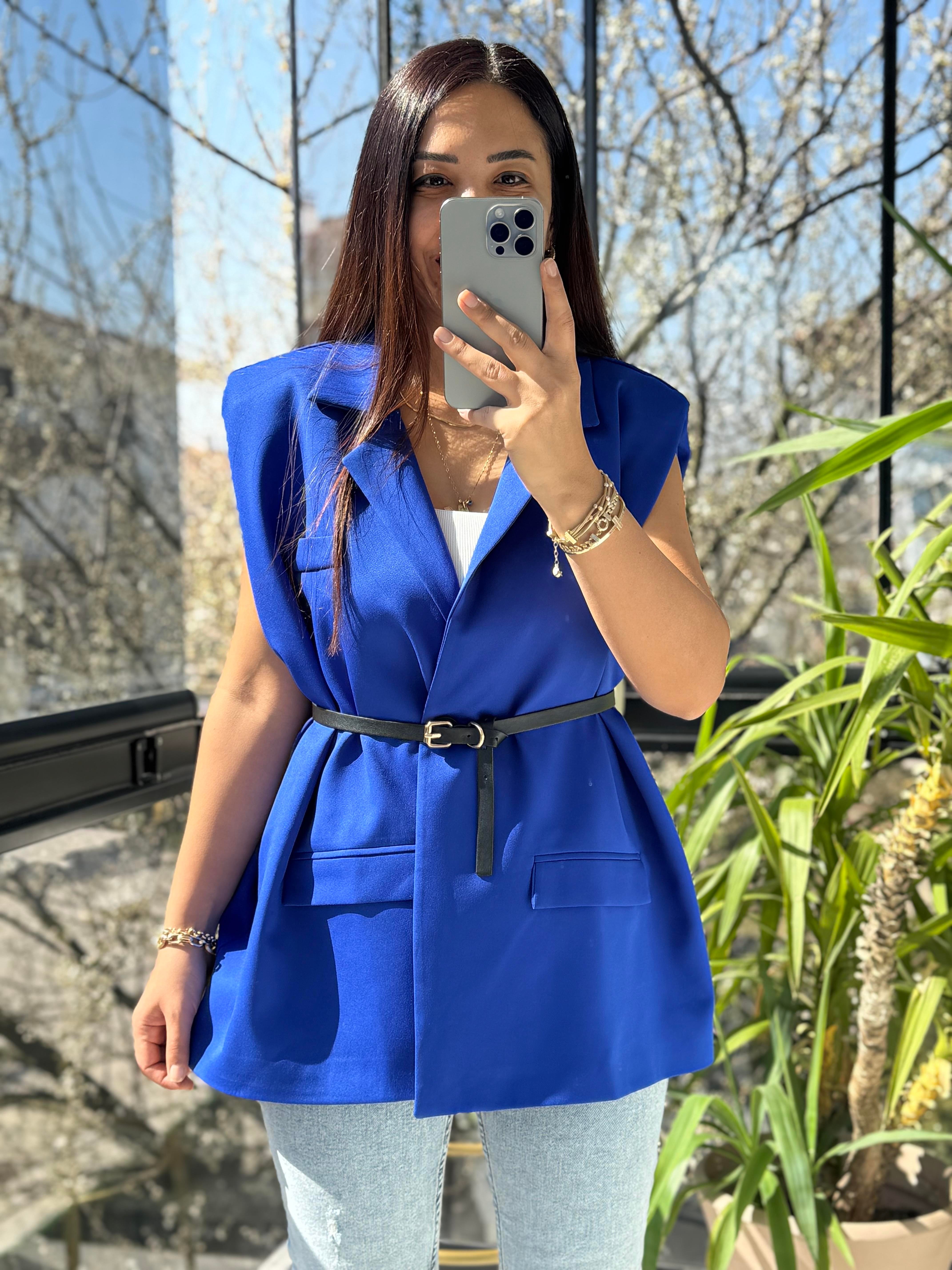 Kemerli Zra Model Yelek Sax Mavi