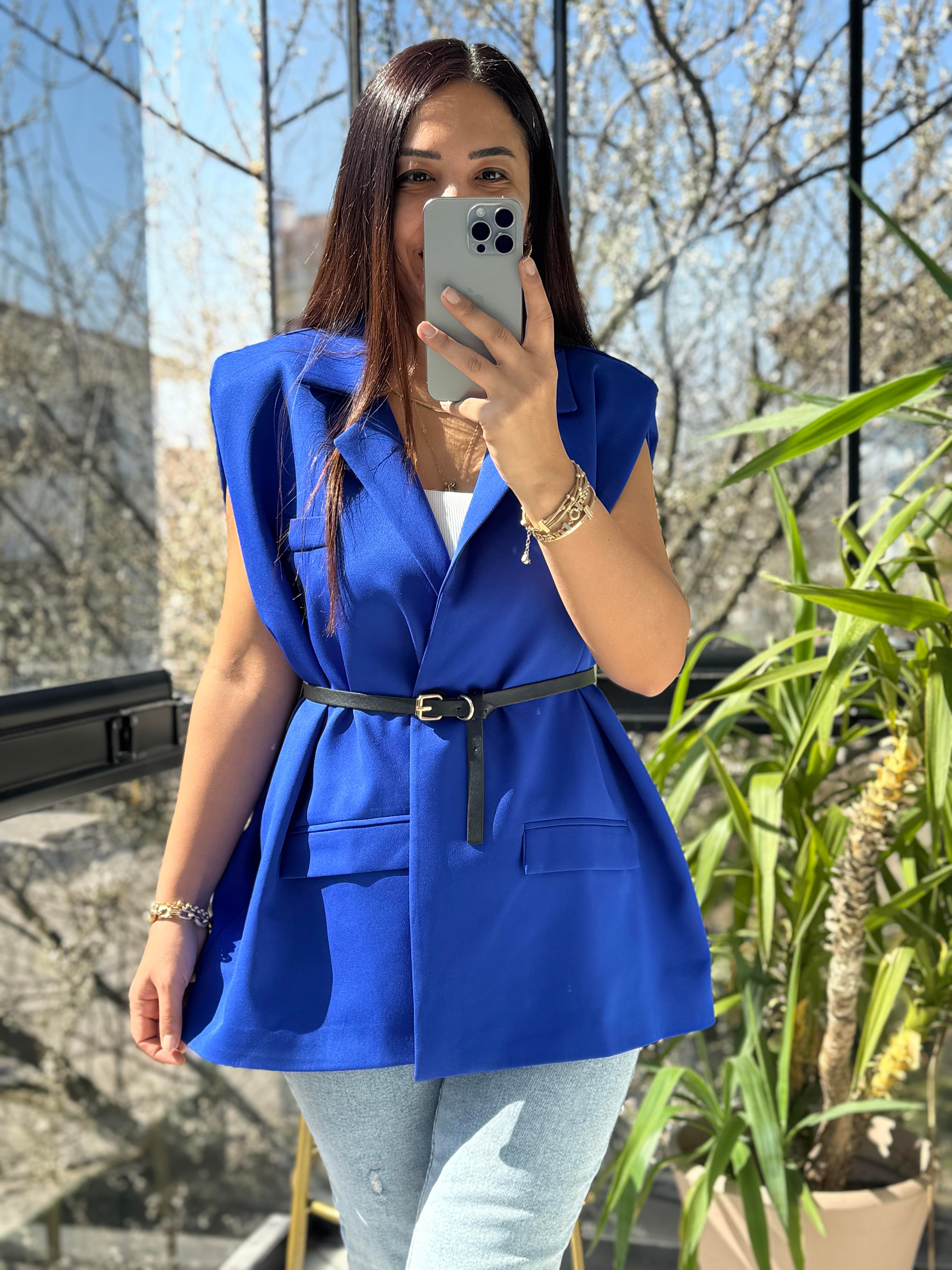 Kemerli Zra Model Yelek Sax Mavi