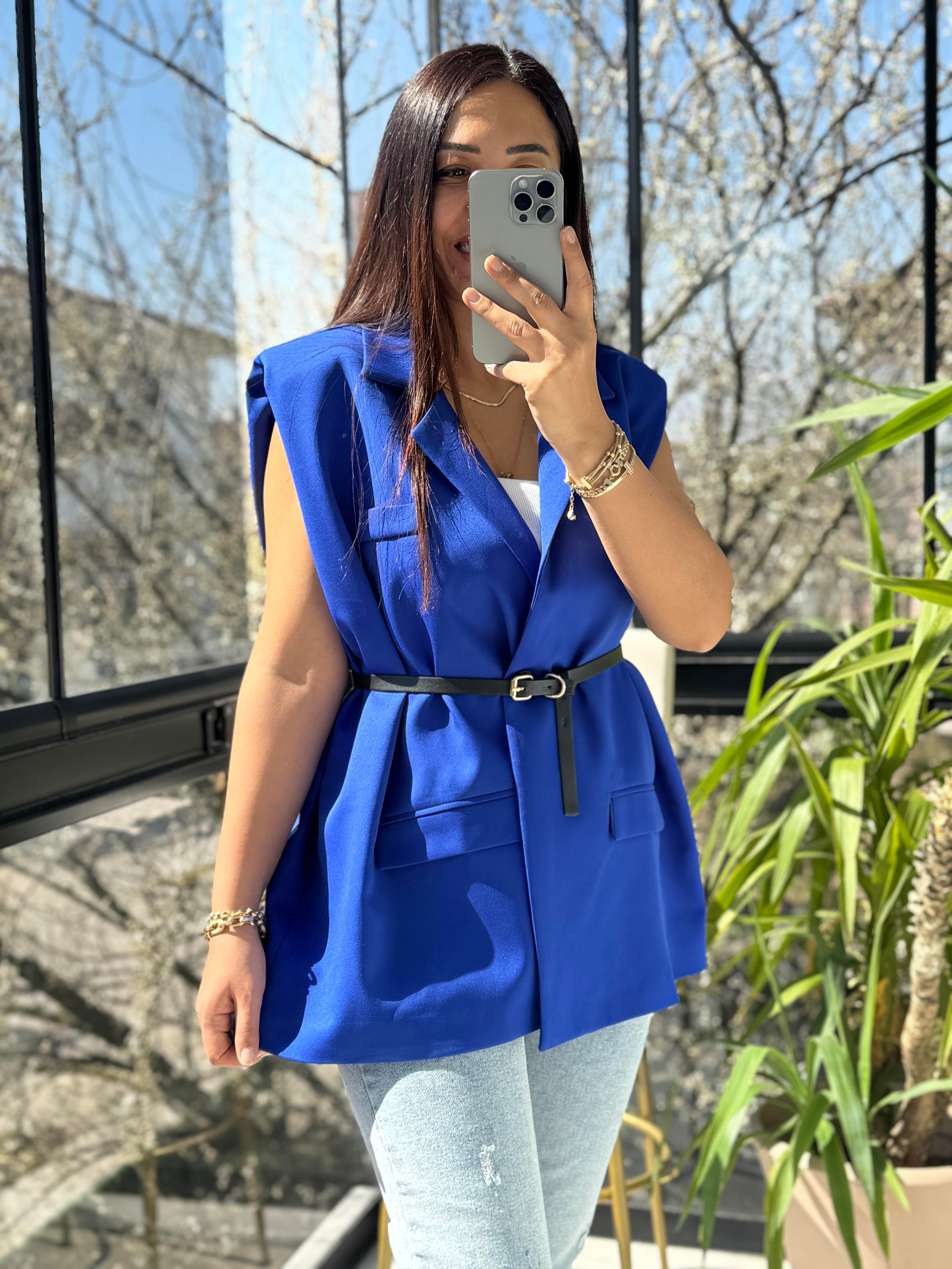 Kemerli Zra Model Yelek Sax Mavi