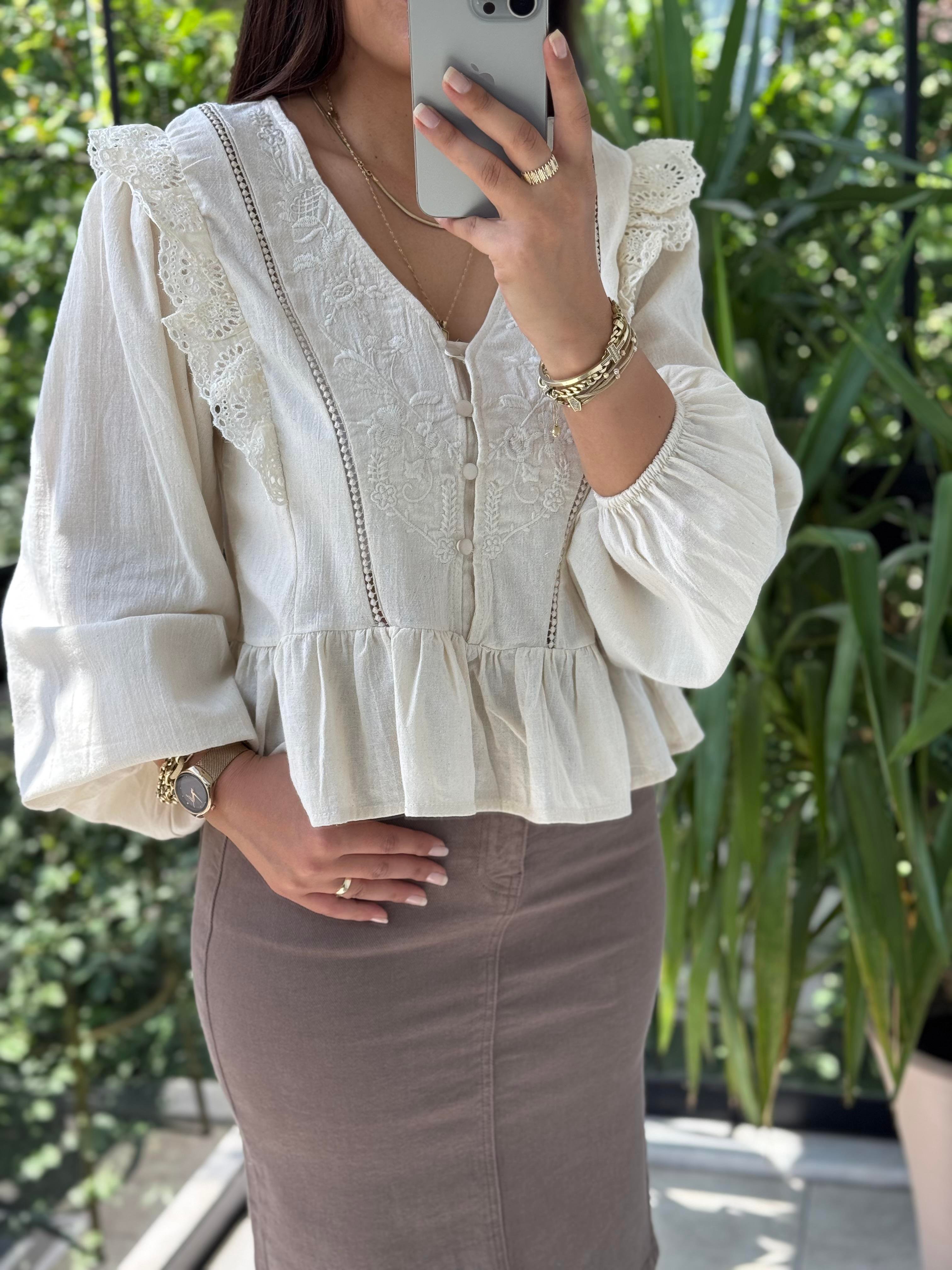 Keten Fırfırlı Bluz Bej