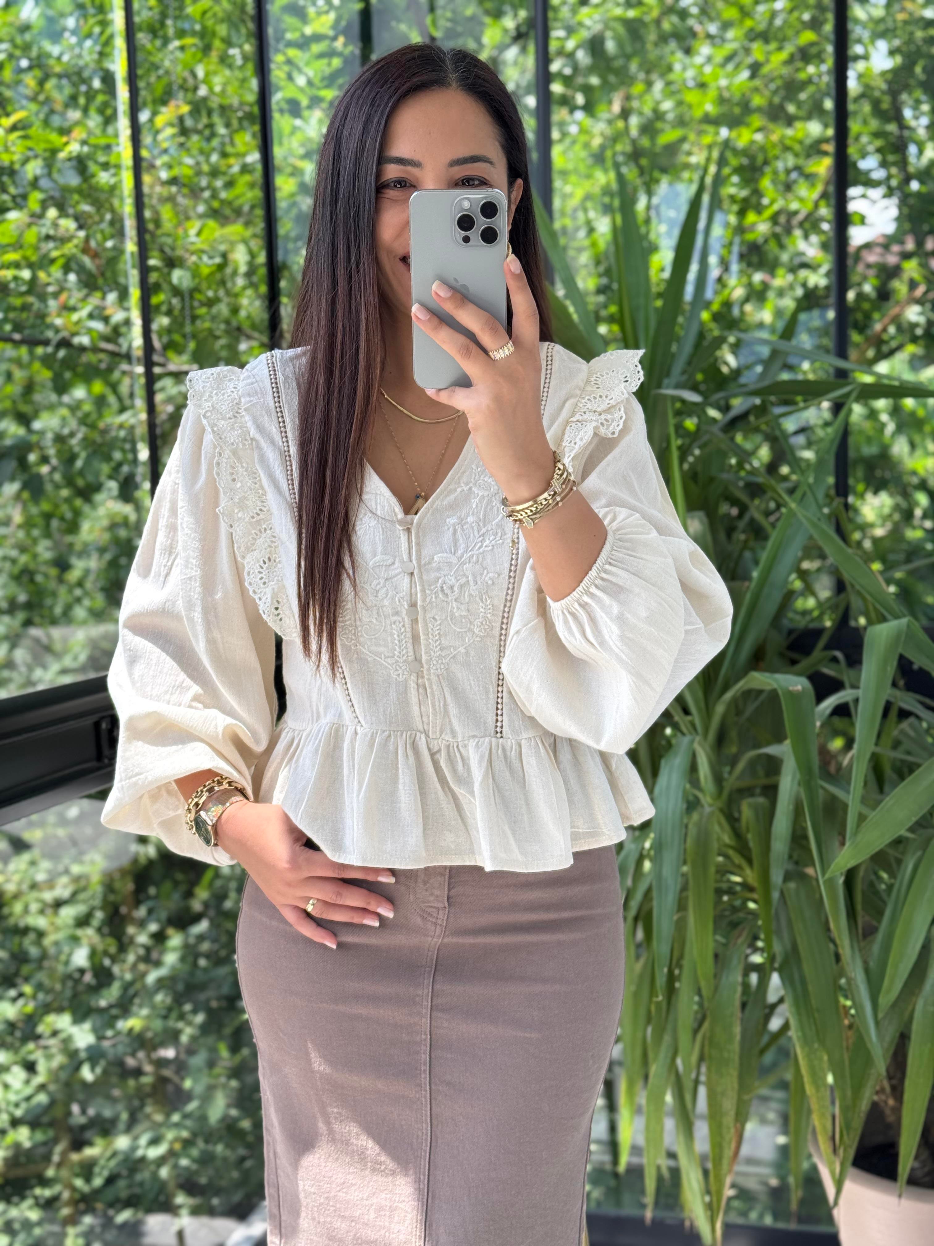 Keten Fırfırlı Bluz Bej