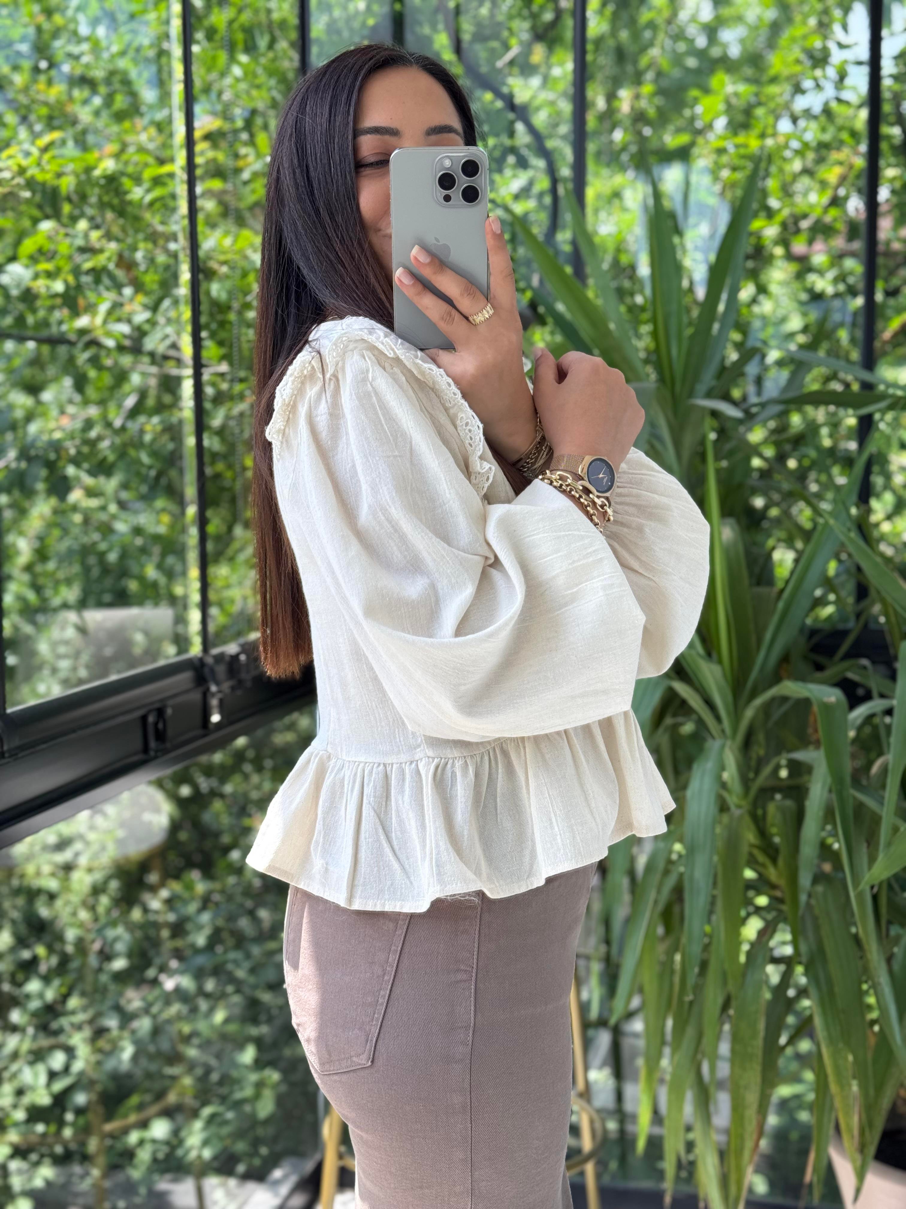 Keten Fırfırlı Bluz Bej