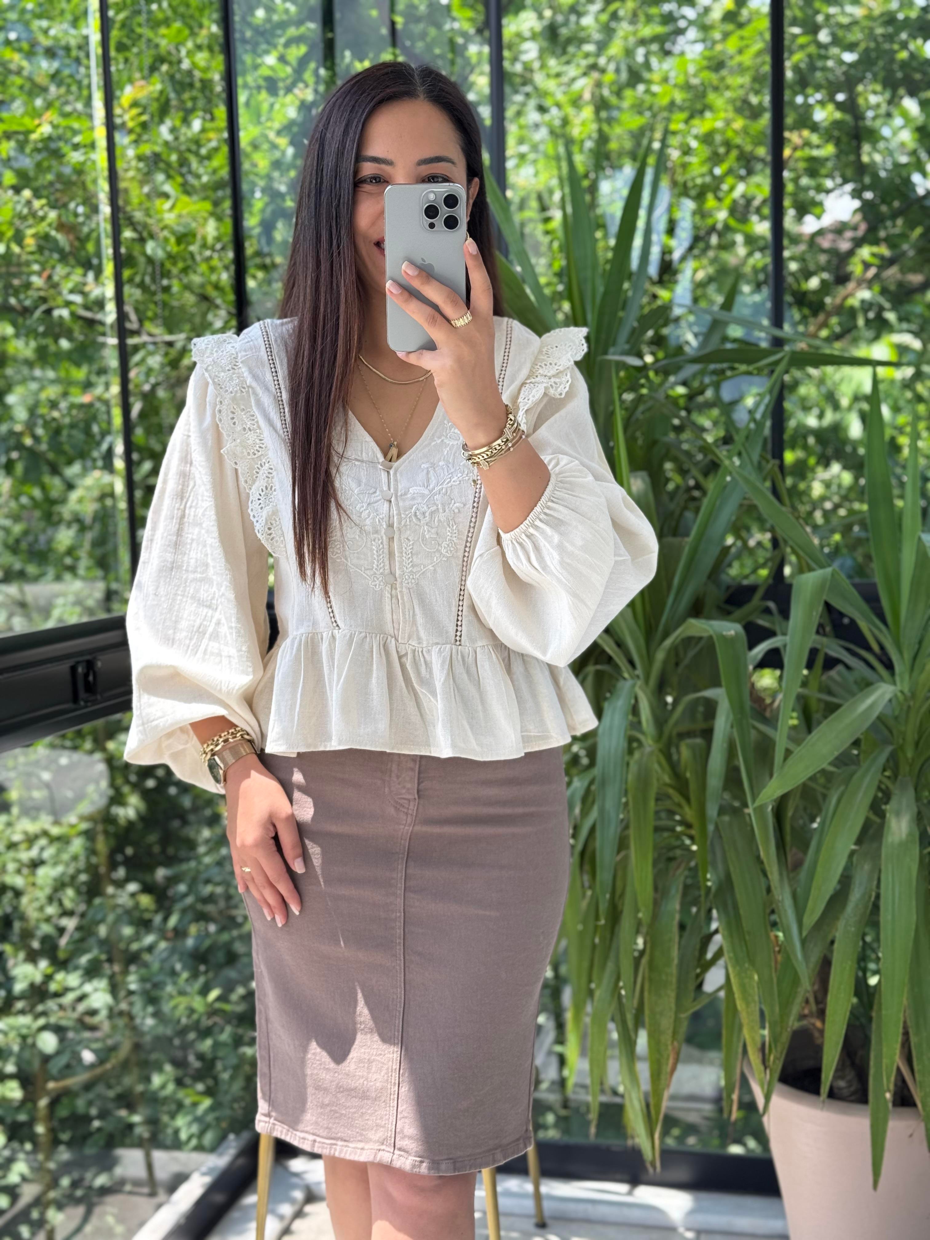 Keten Fırfırlı Bluz Bej