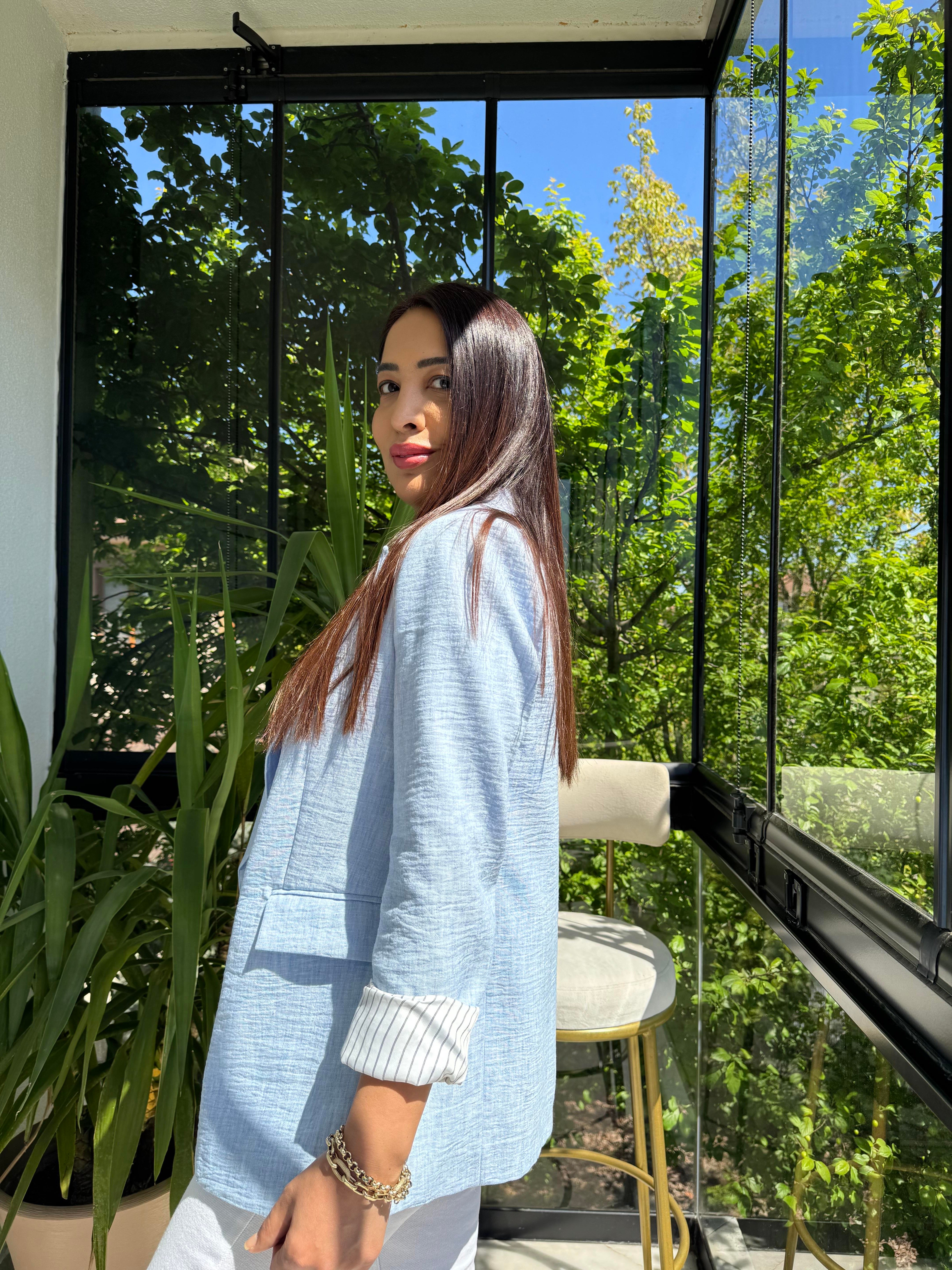 Keten İç Astarı Çizgili Blazer Ceket Bebe Mavi