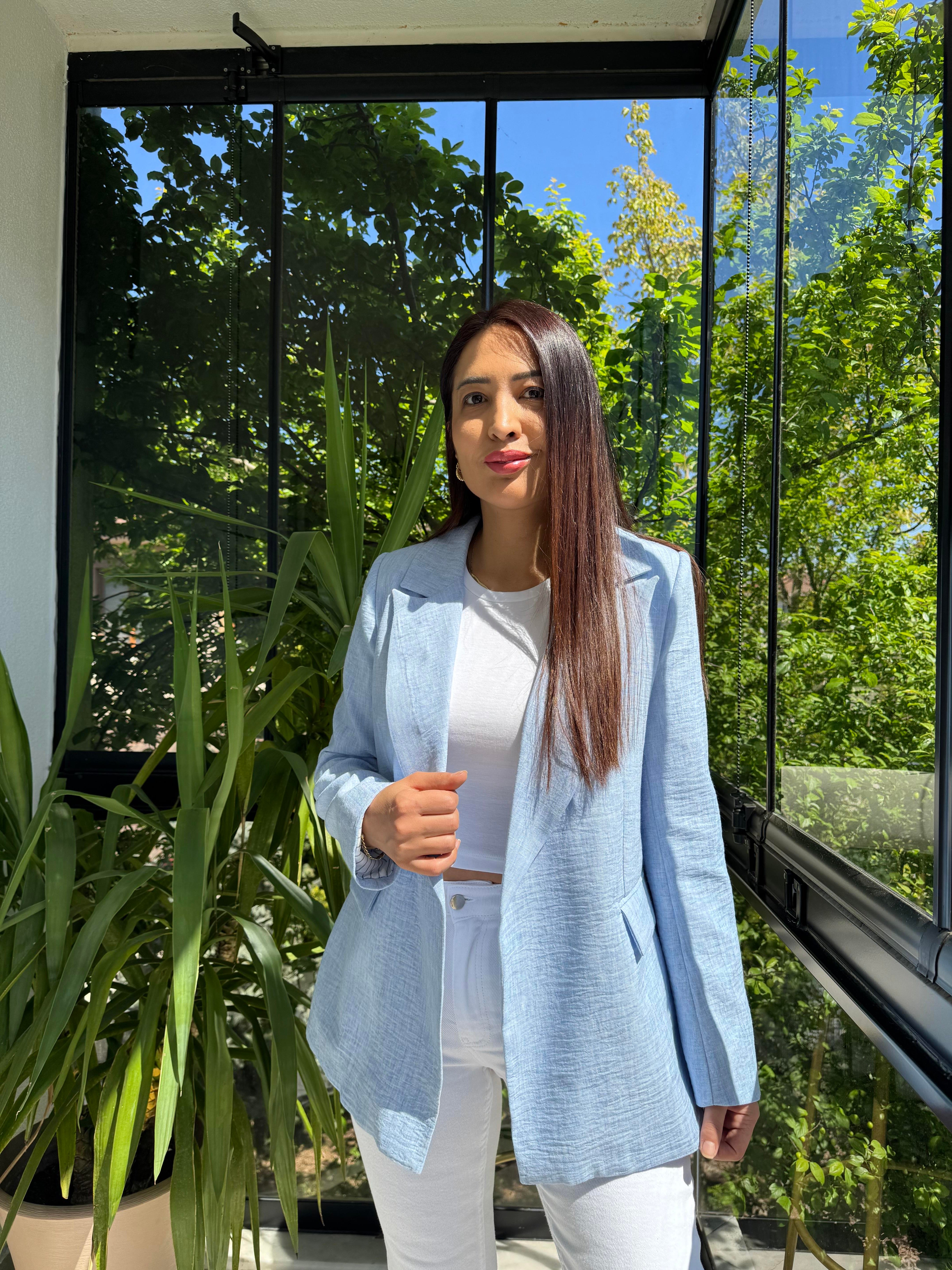 Keten İç Astarı Çizgili Blazer Ceket Bebe Mavi