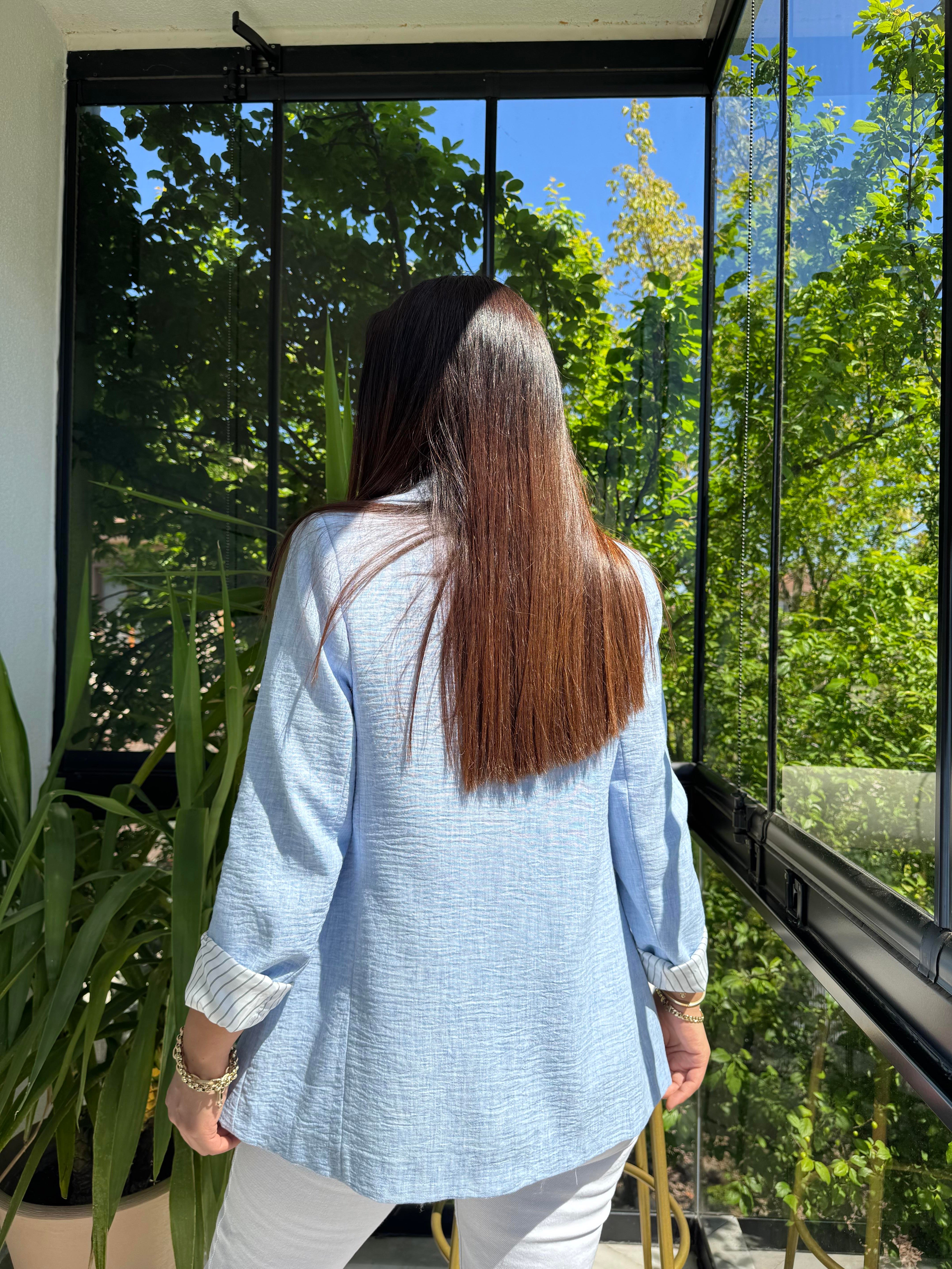 Keten İç Astarı Çizgili Blazer Ceket Bebe Mavi