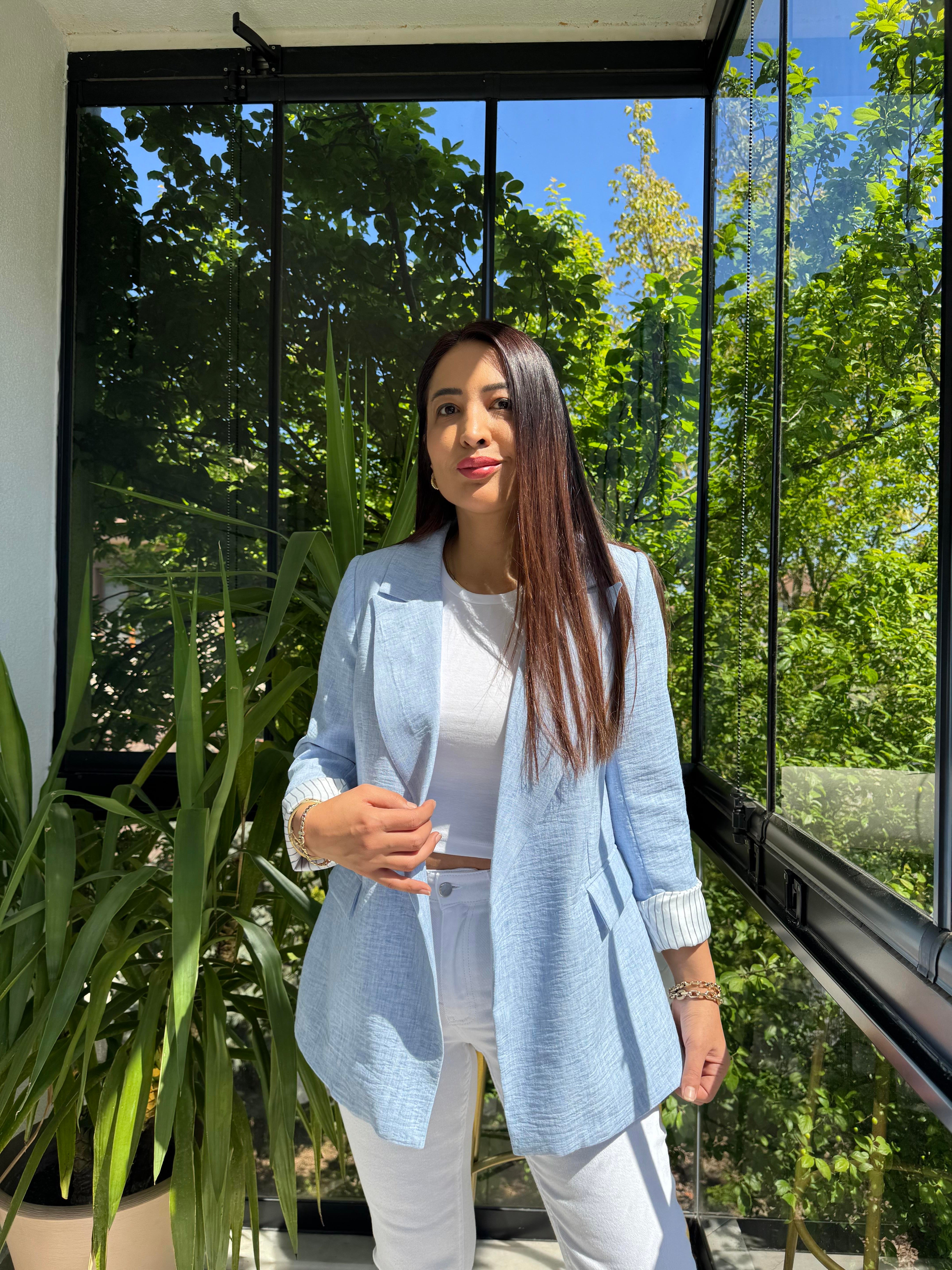 Keten İç Astarı Çizgili Blazer Ceket Bebe Mavi