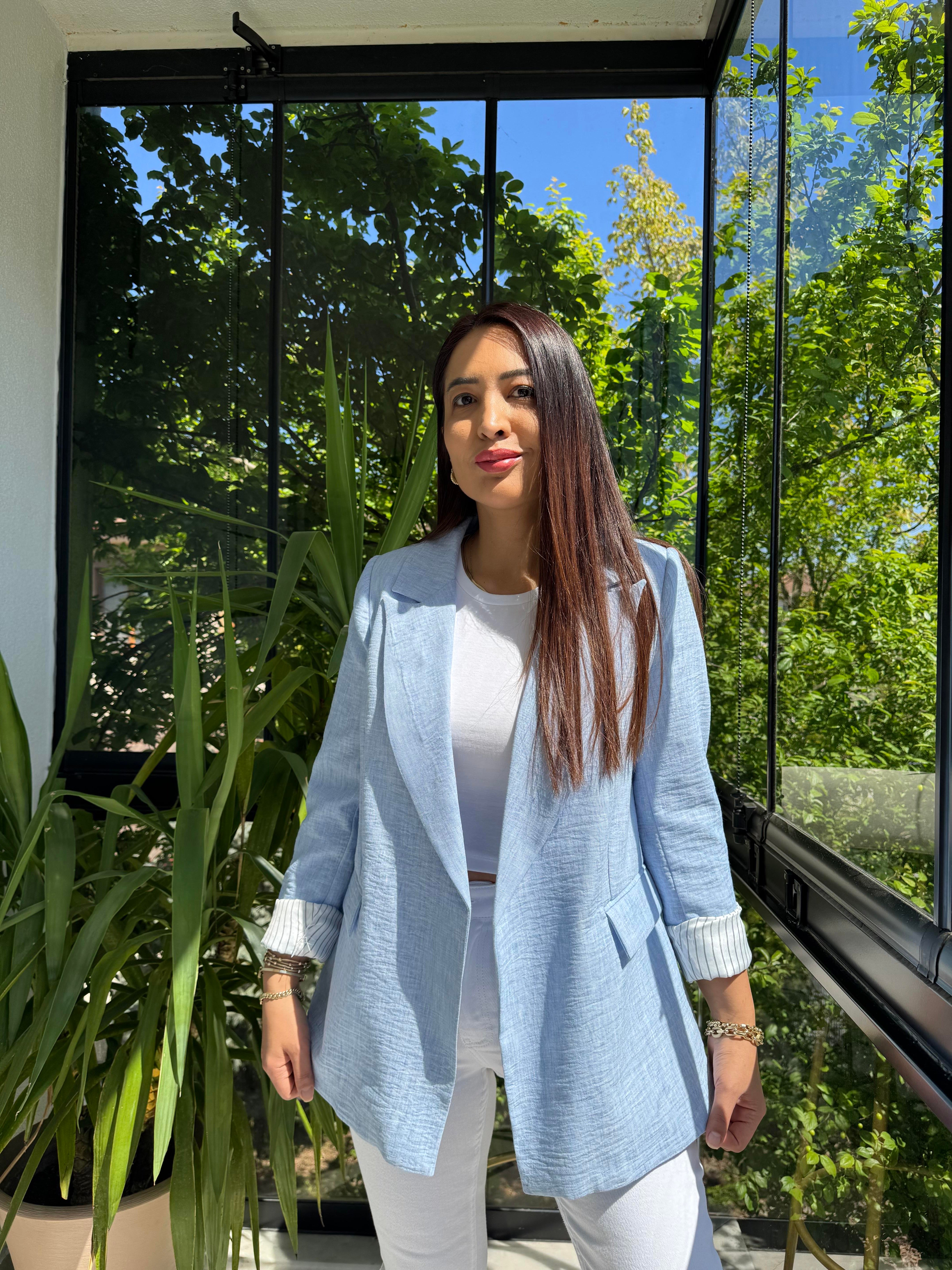 Keten İç Astarı Çizgili Blazer Ceket Bebe Mavi