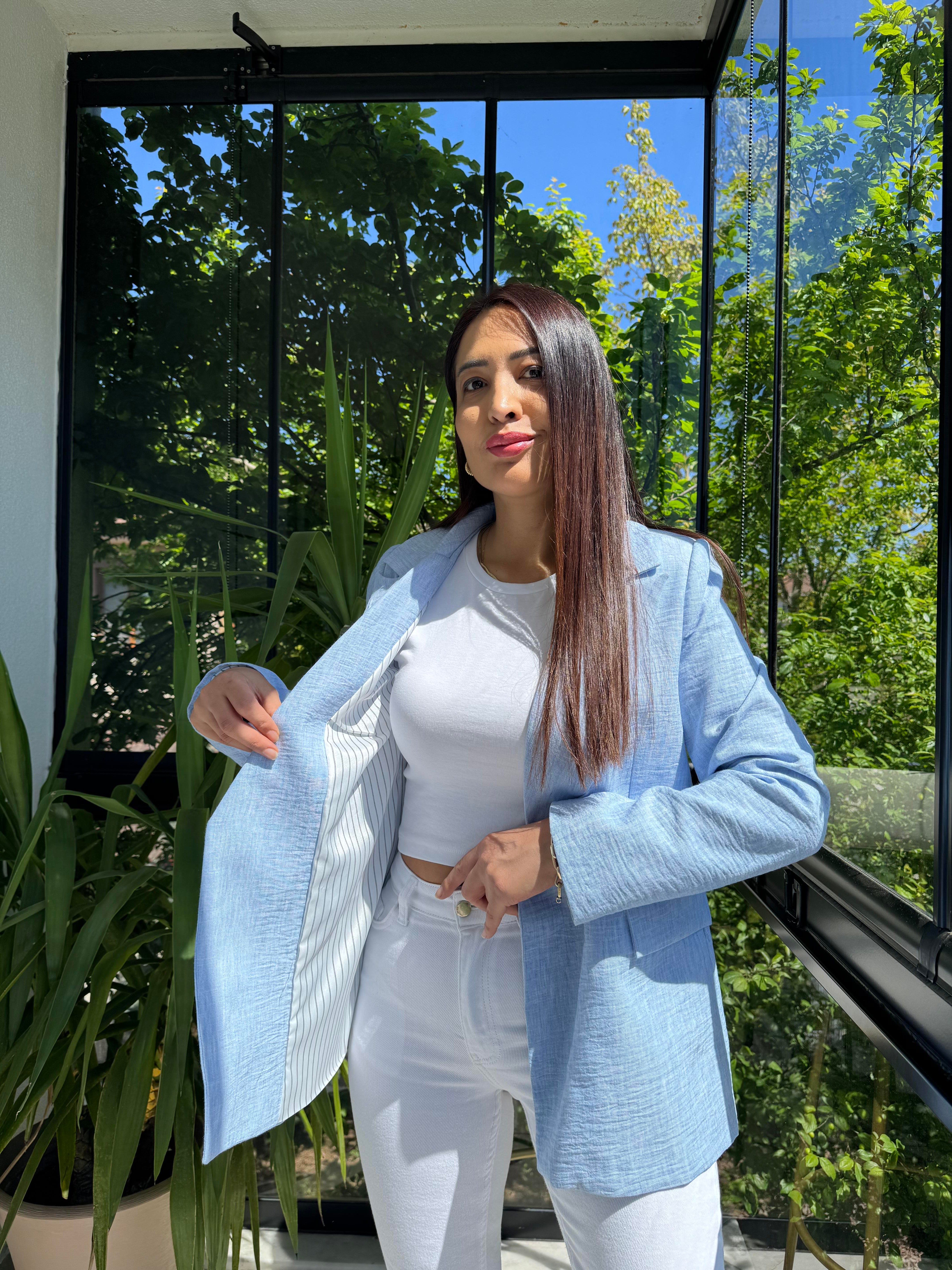 Keten İç Astarı Çizgili Blazer Ceket Bebe Mavi