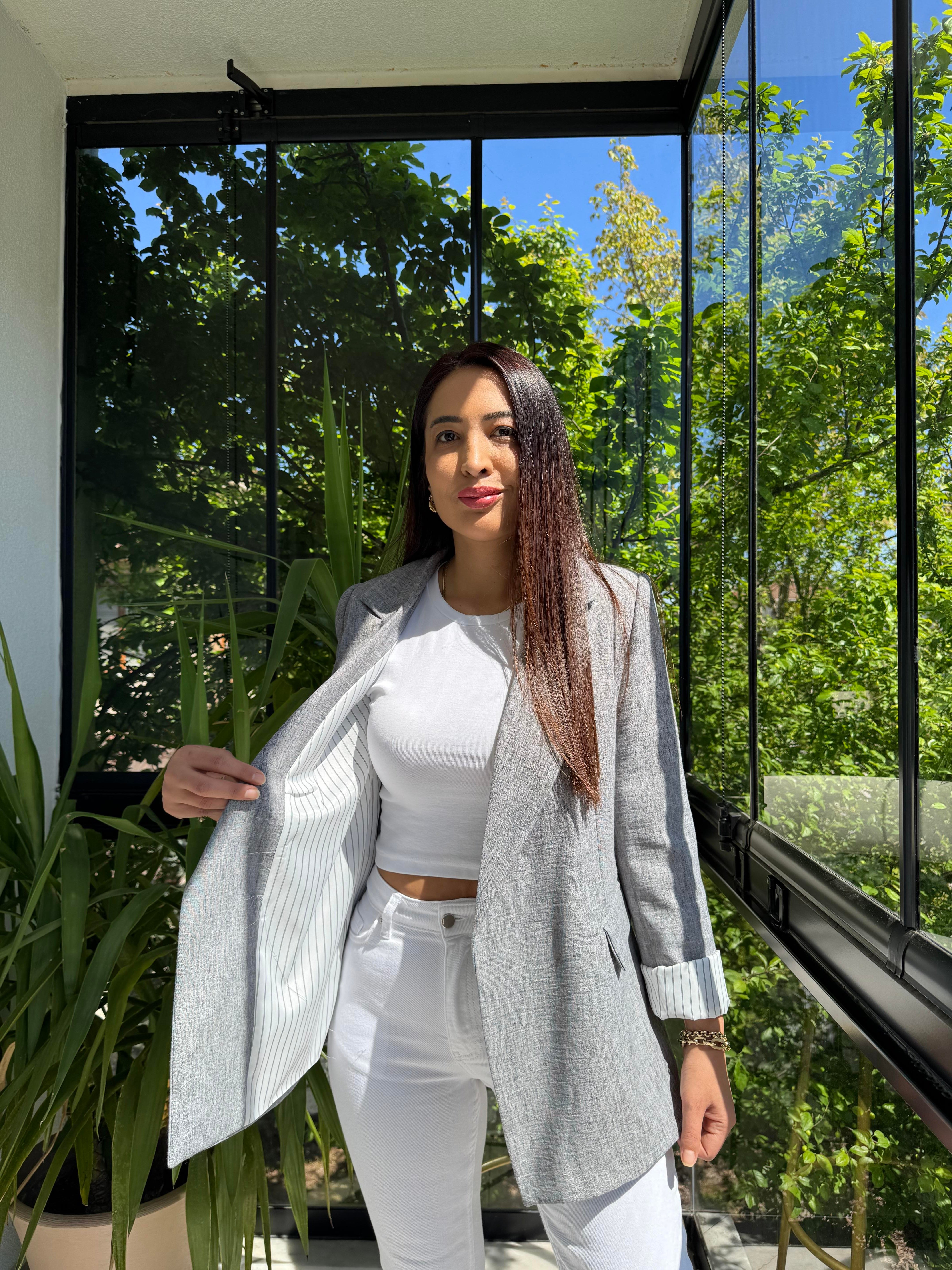 Keten İç Astarı Çizgili Blazer Ceket Gri