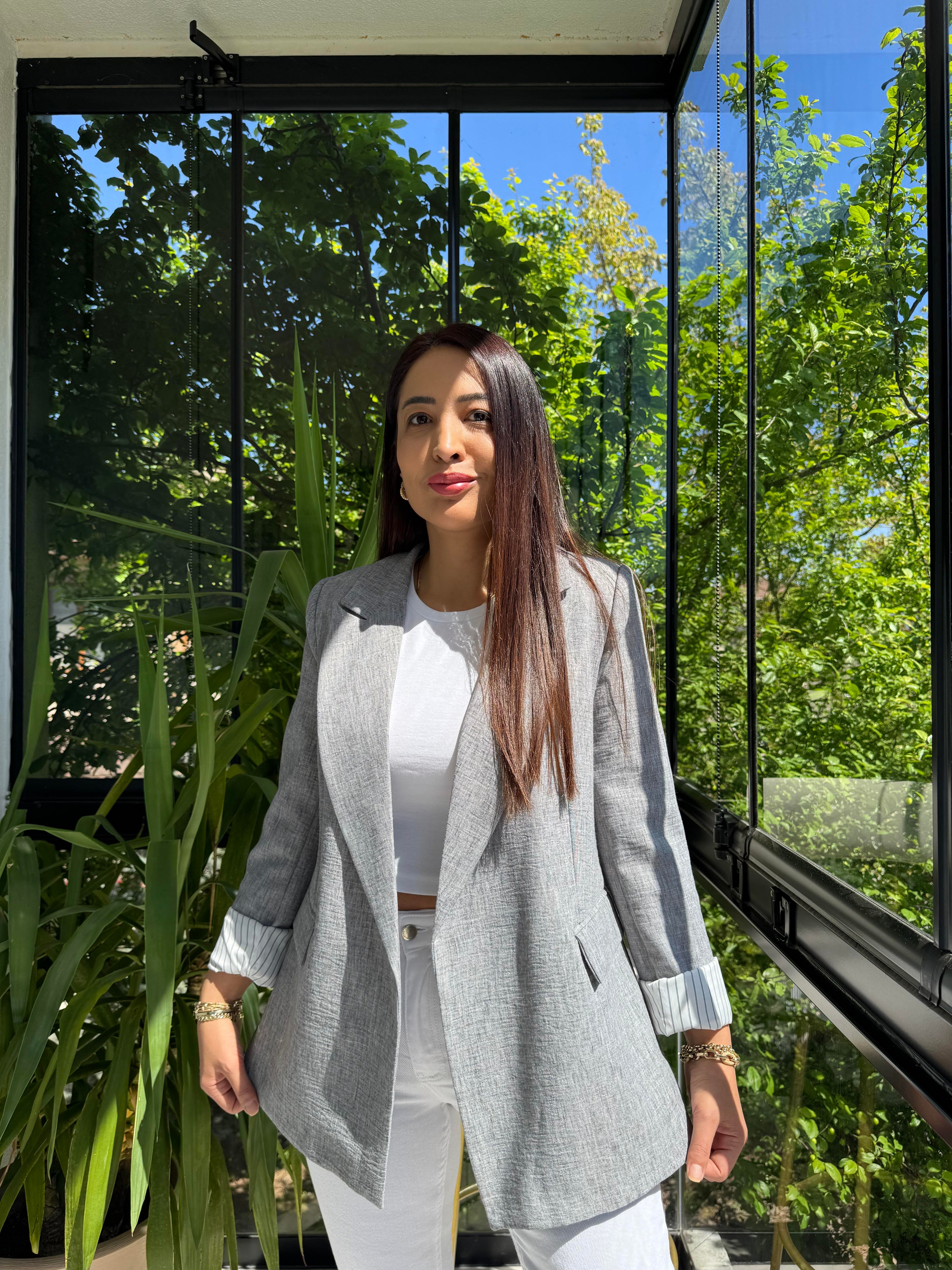 Keten İç Astarı Çizgili Blazer Ceket Gri