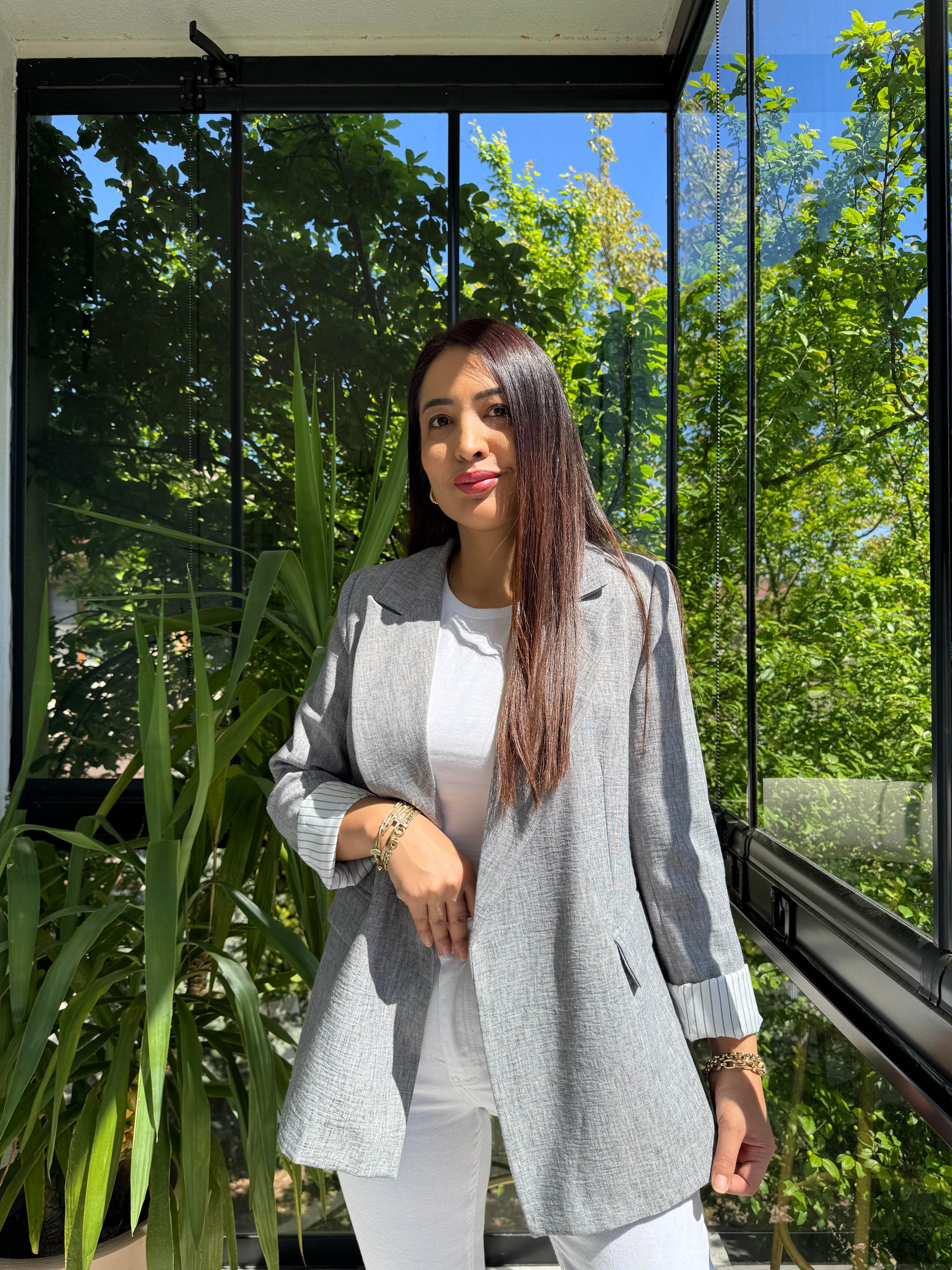 Keten İç Astarı Çizgili Blazer Ceket Gri