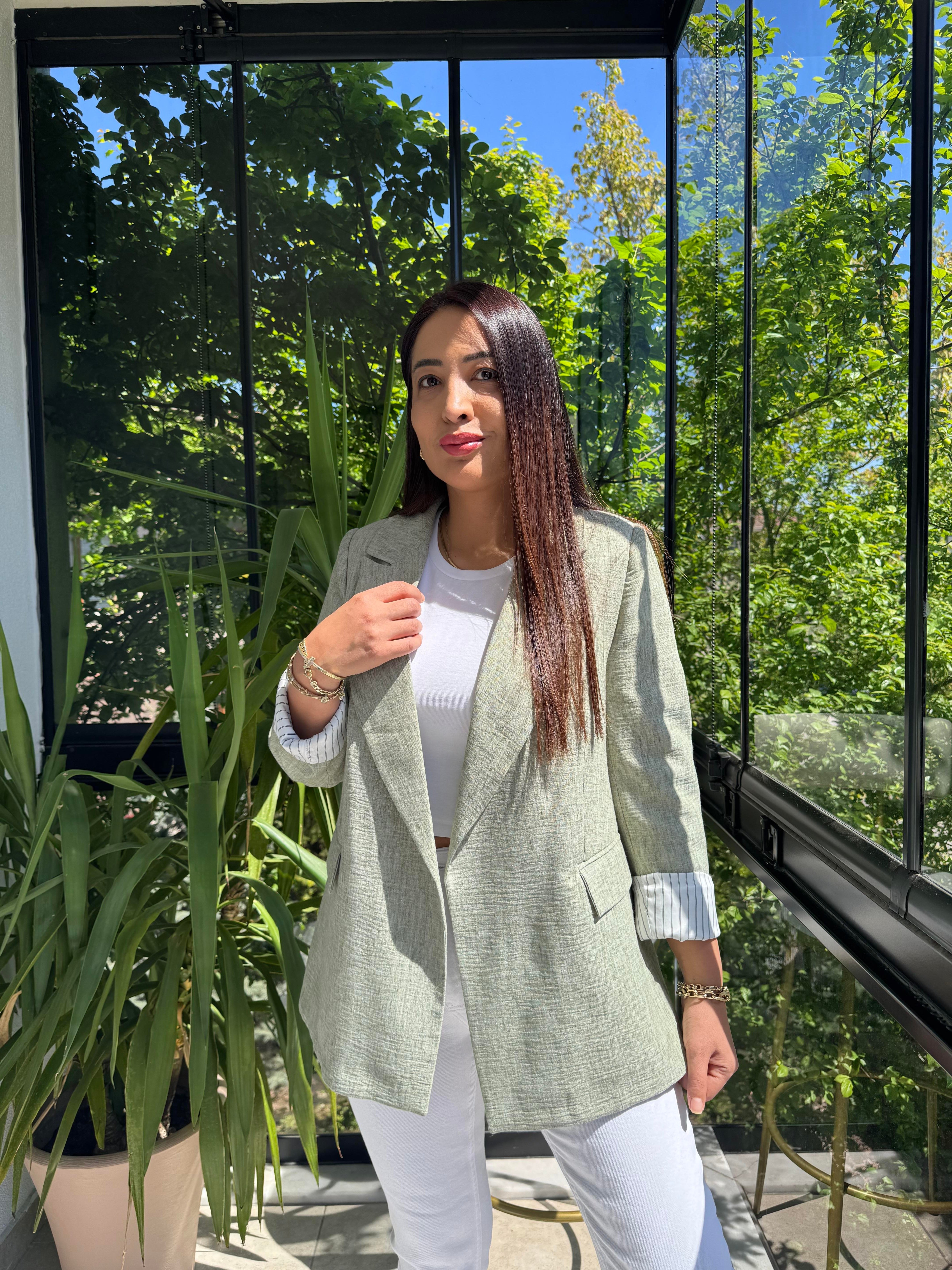 Keten İç Astarı Çizgili Blazer Ceket Haki Yeşili