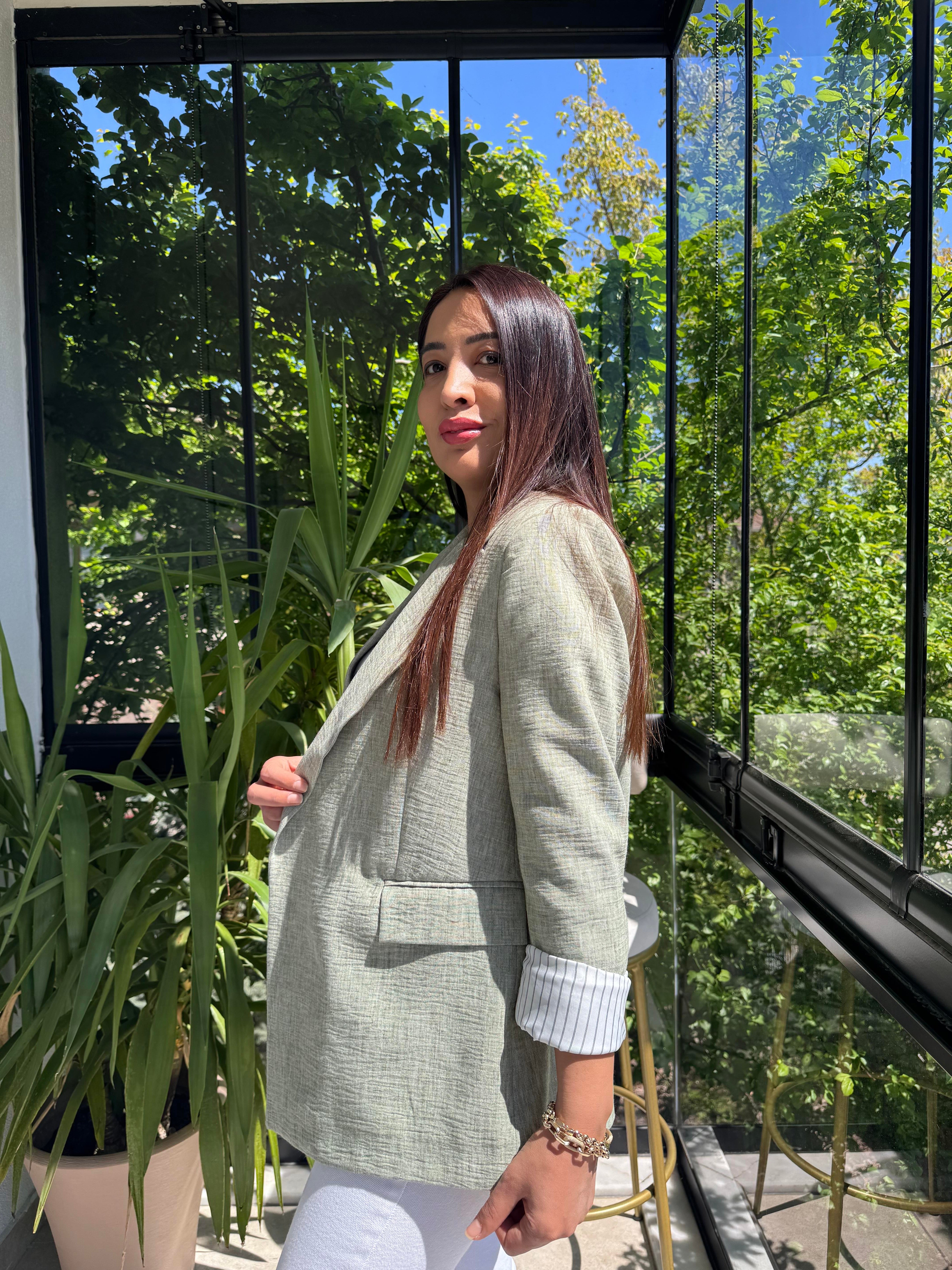 Keten İç Astarı Çizgili Blazer Ceket Haki Yeşili