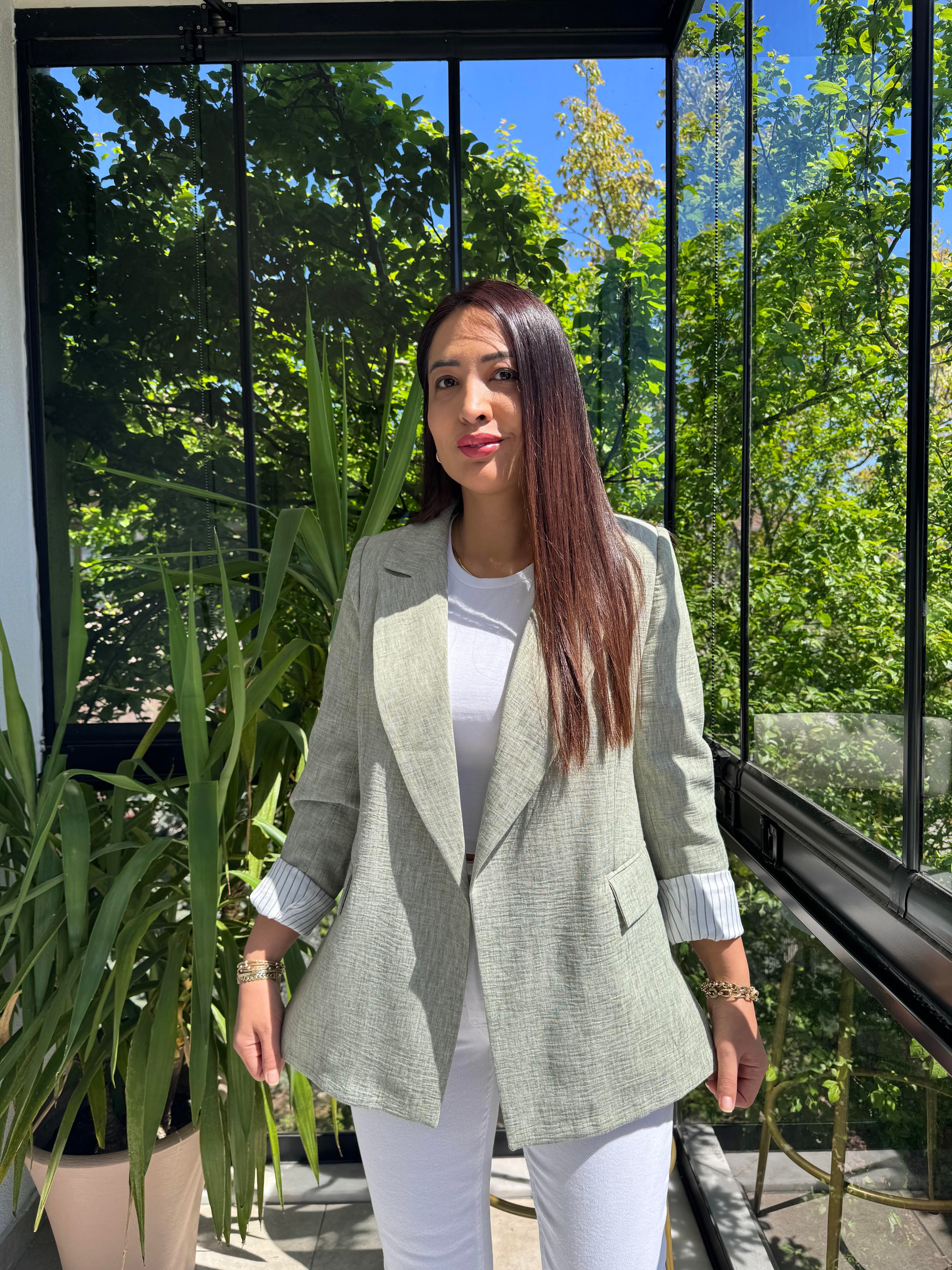 Keten İç Astarı Çizgili Blazer Ceket Haki Yeşili
