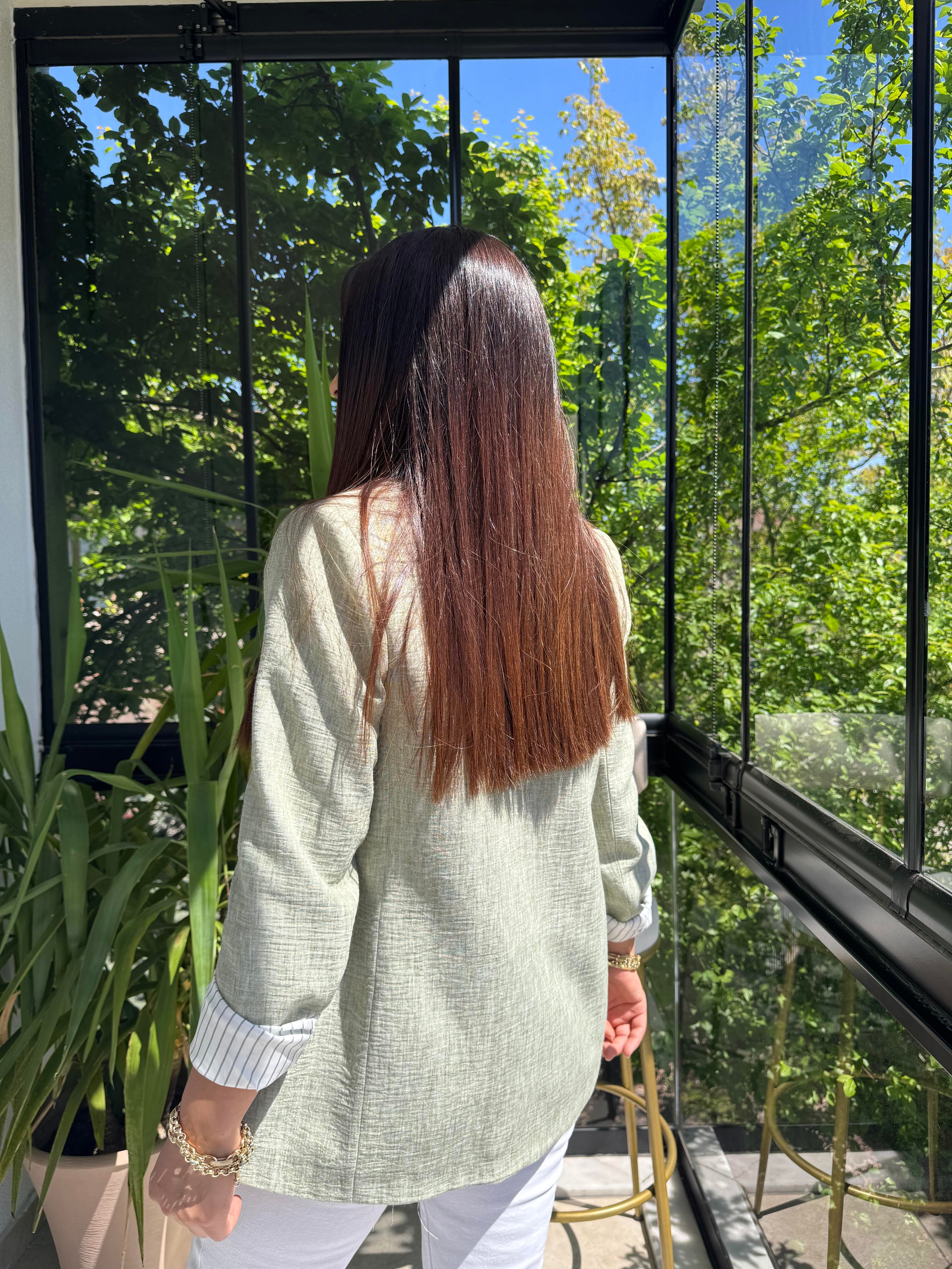 Keten İç Astarı Çizgili Blazer Ceket Haki Yeşili
