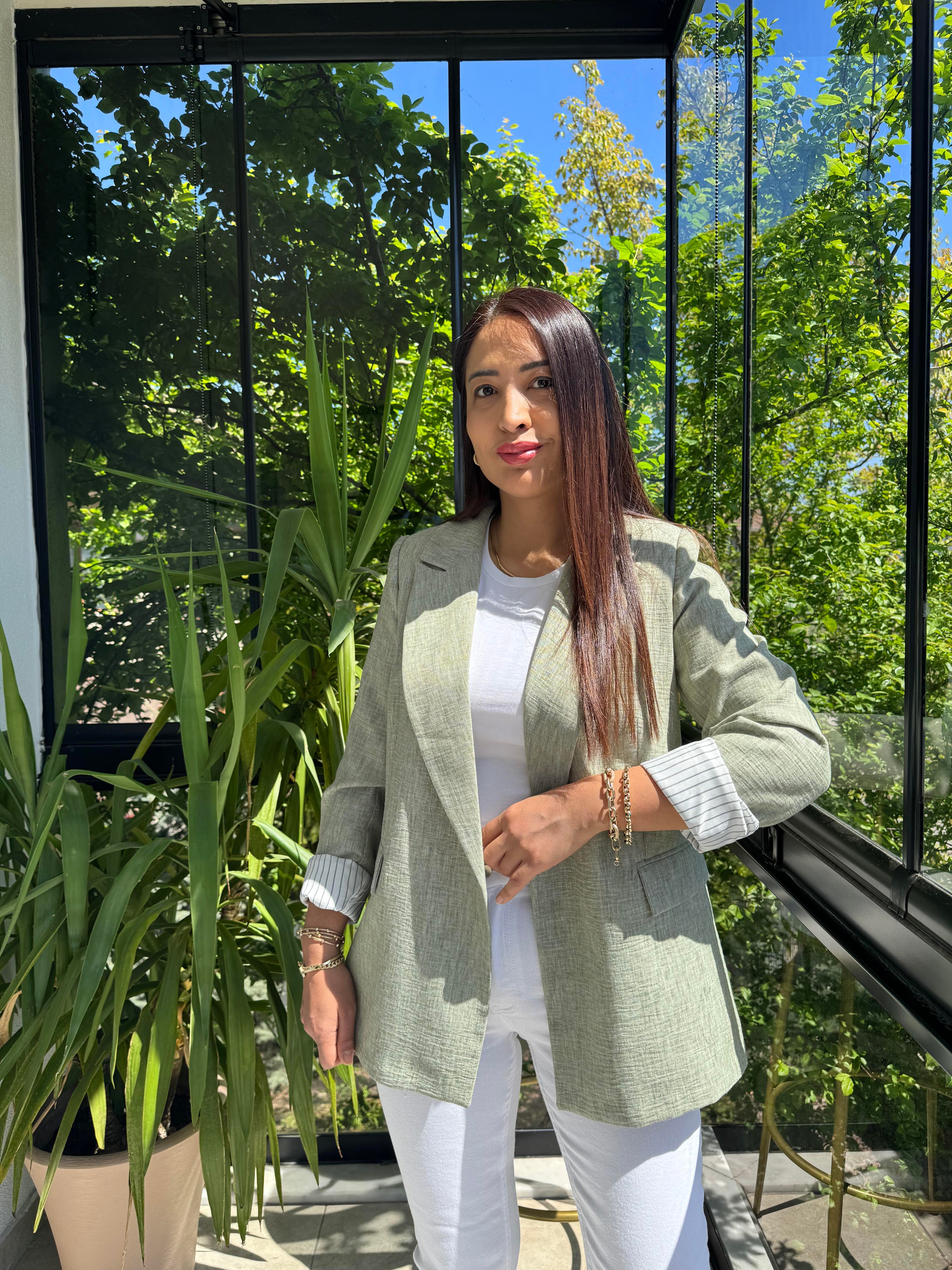 Keten İç Astarı Çizgili Blazer Ceket Haki Yeşili