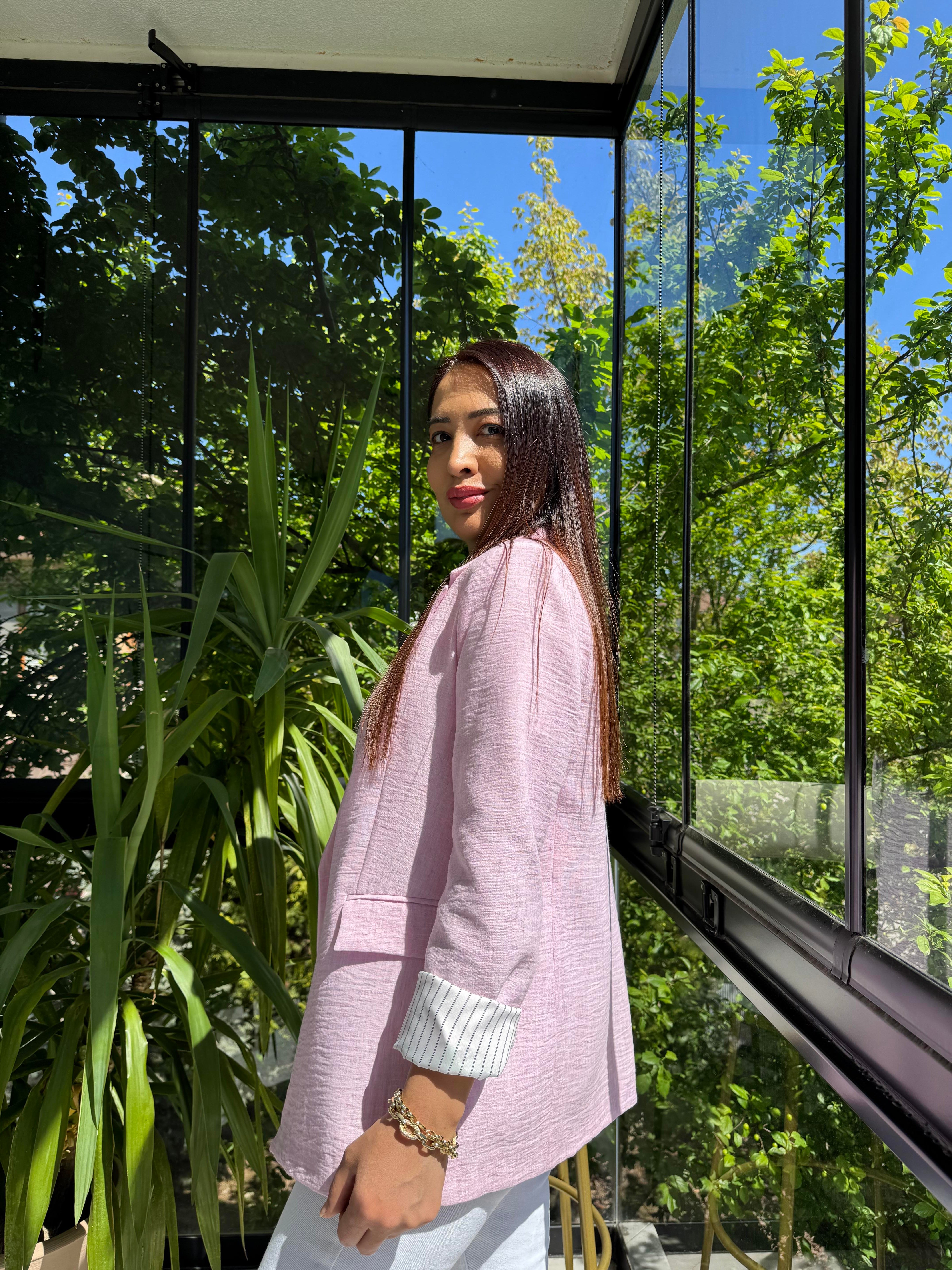 Keten İç Astarı Çizgili Blazer Ceket Pembe