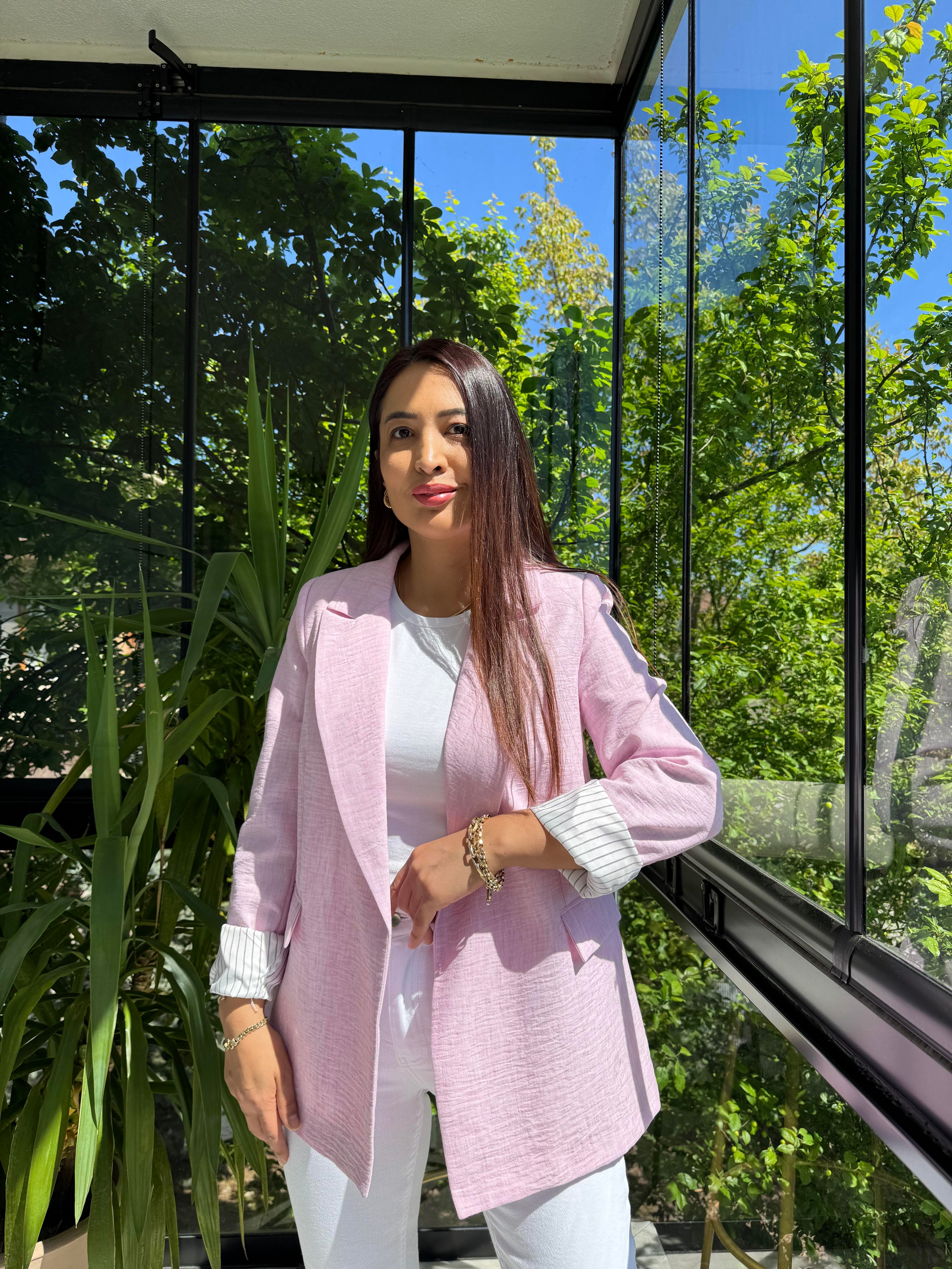 Keten İç Astarı Çizgili Blazer Ceket Pembe