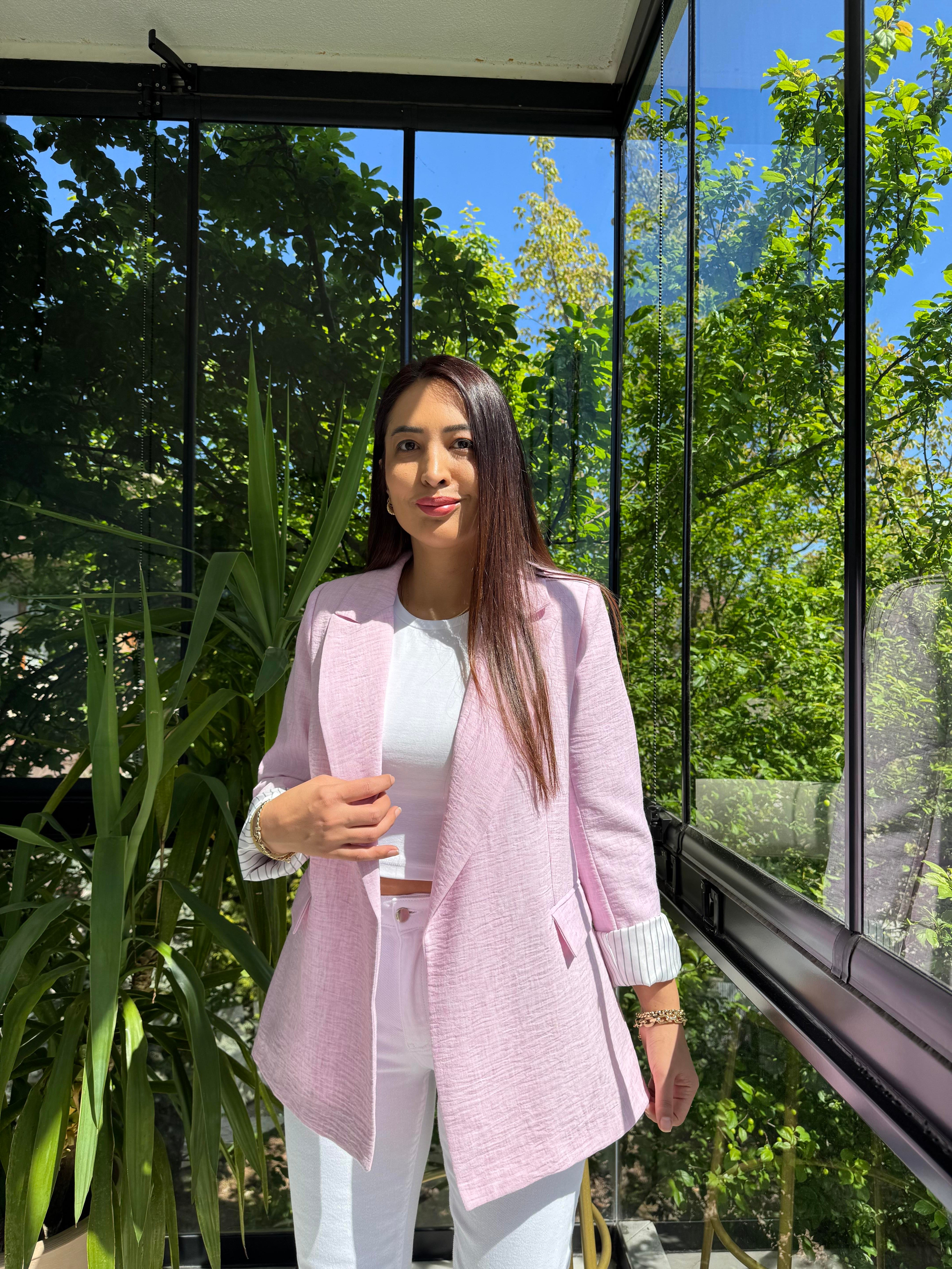 Keten İç Astarı Çizgili Blazer Ceket Pembe