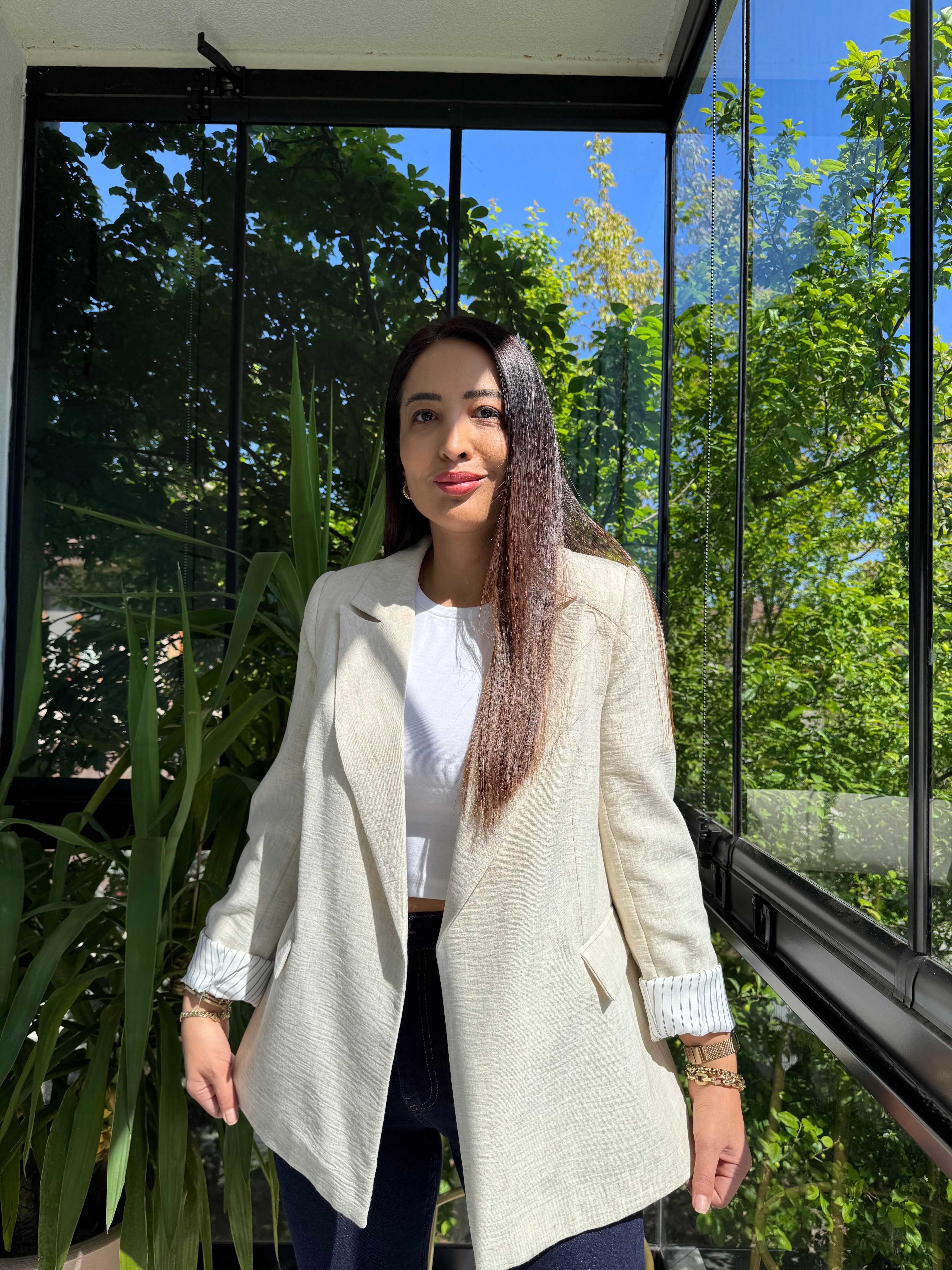 Keten İç Astarı Çizgili Blazer Ceket Taş