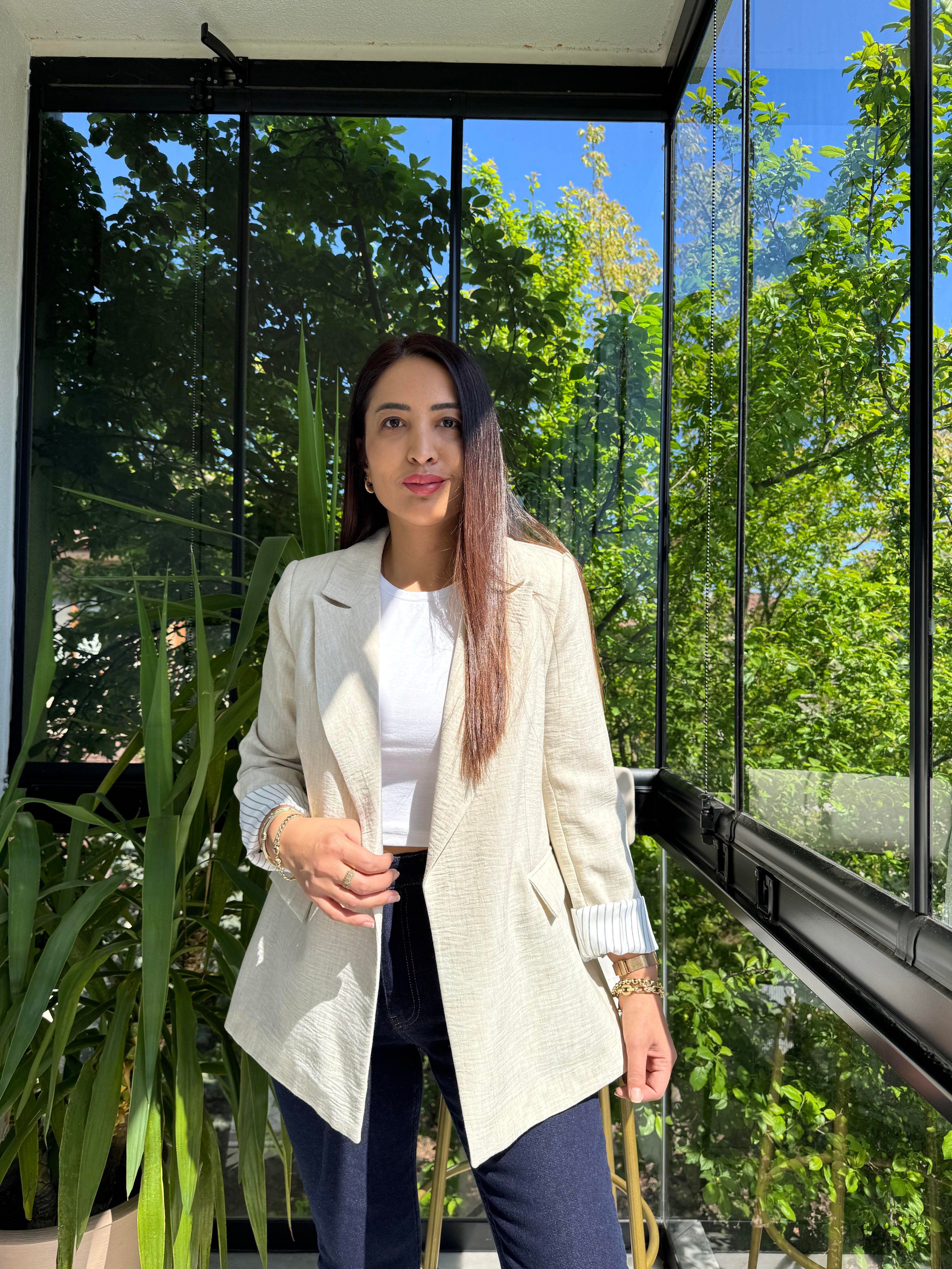 Keten İç Astarı Çizgili Blazer Ceket Taş