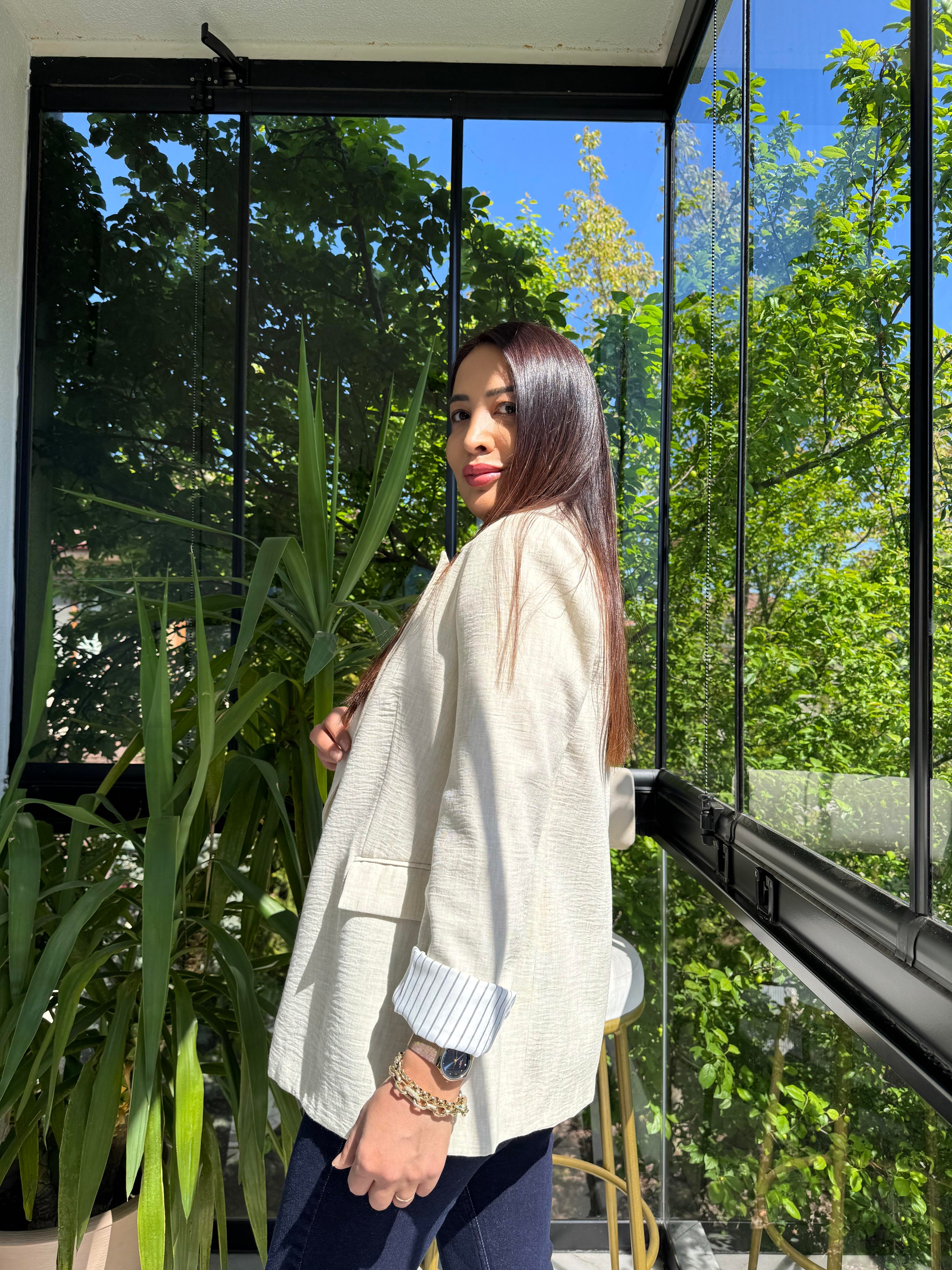 Keten İç Astarı Çizgili Blazer Ceket Taş