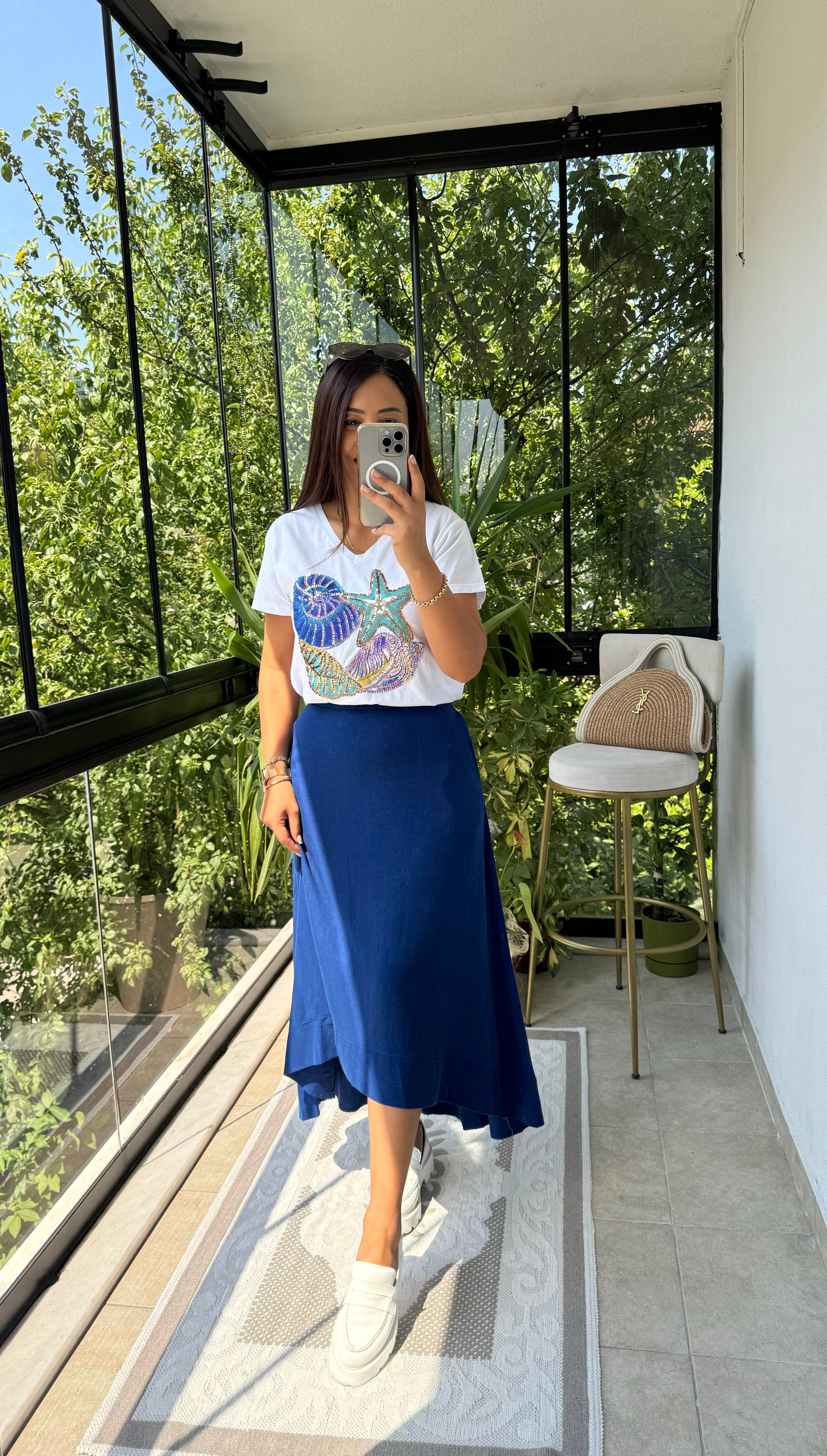 Keten Valonlu Etek Lacivert