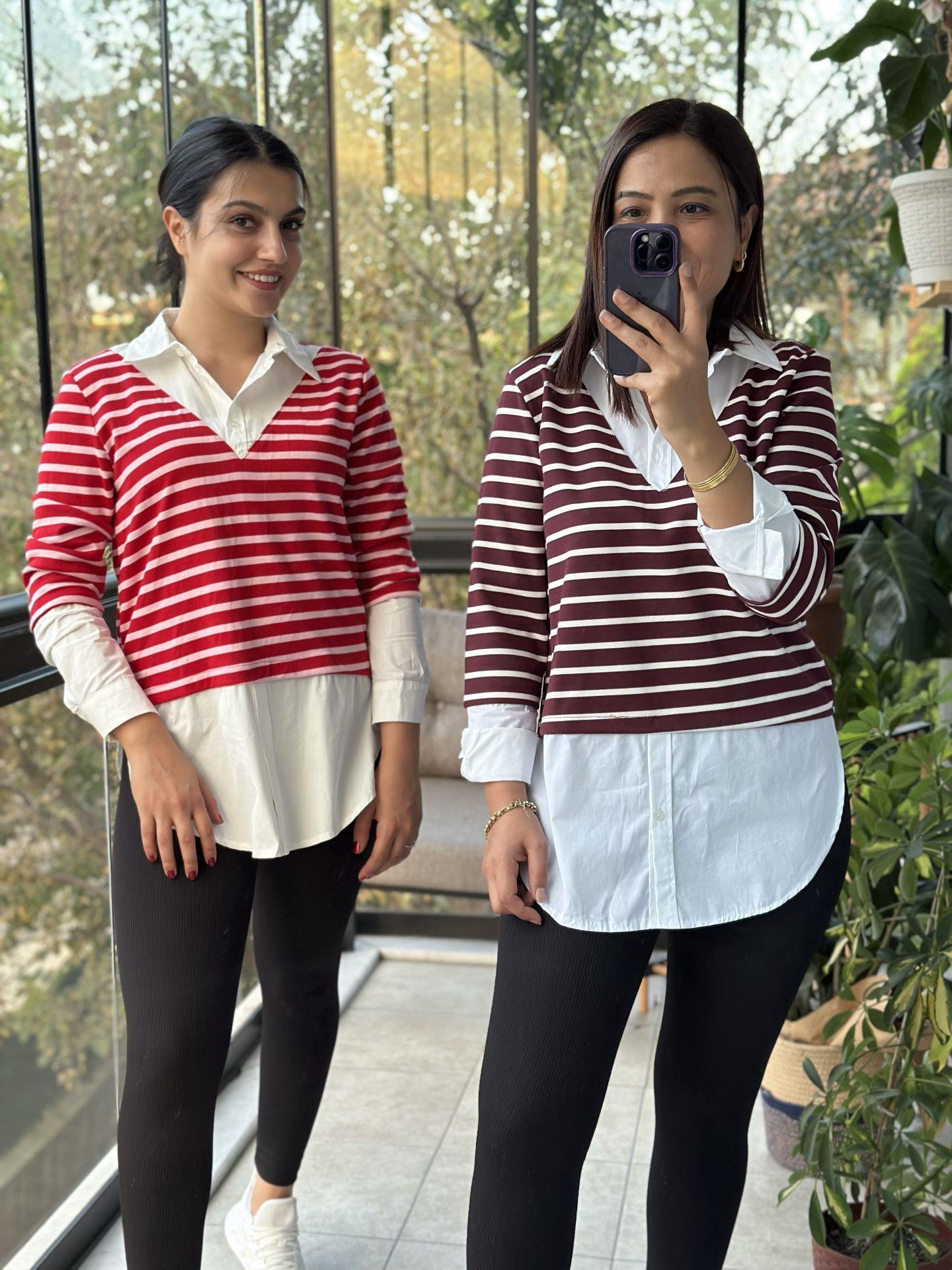 Kırmızı Çizgili Gömlek Yaka Tasarım Sweatshirt