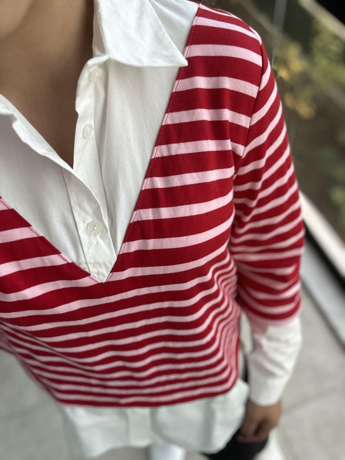 Kırmızı Çizgili Gömlek Yaka Tasarım Sweatshirt