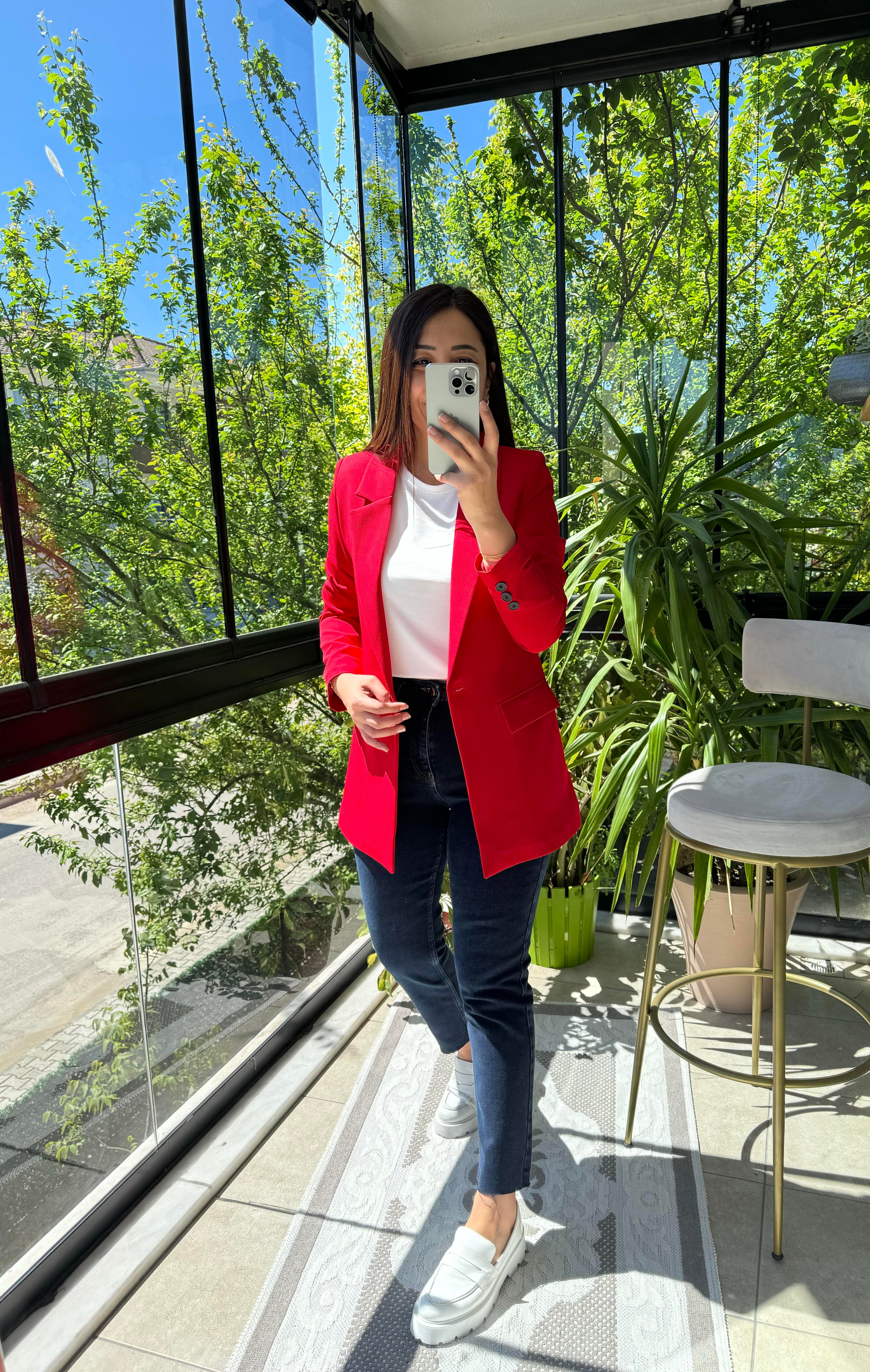 Kırmızı Tek Düğme Blazer Ceket