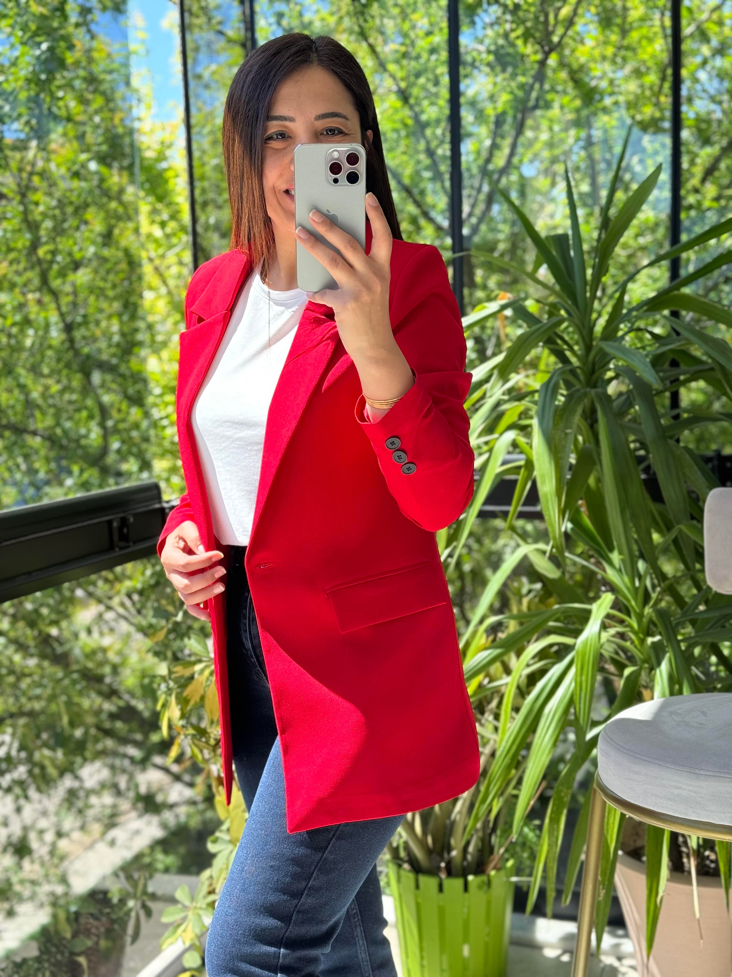 Kırmızı Tek Düğme Blazer Ceket