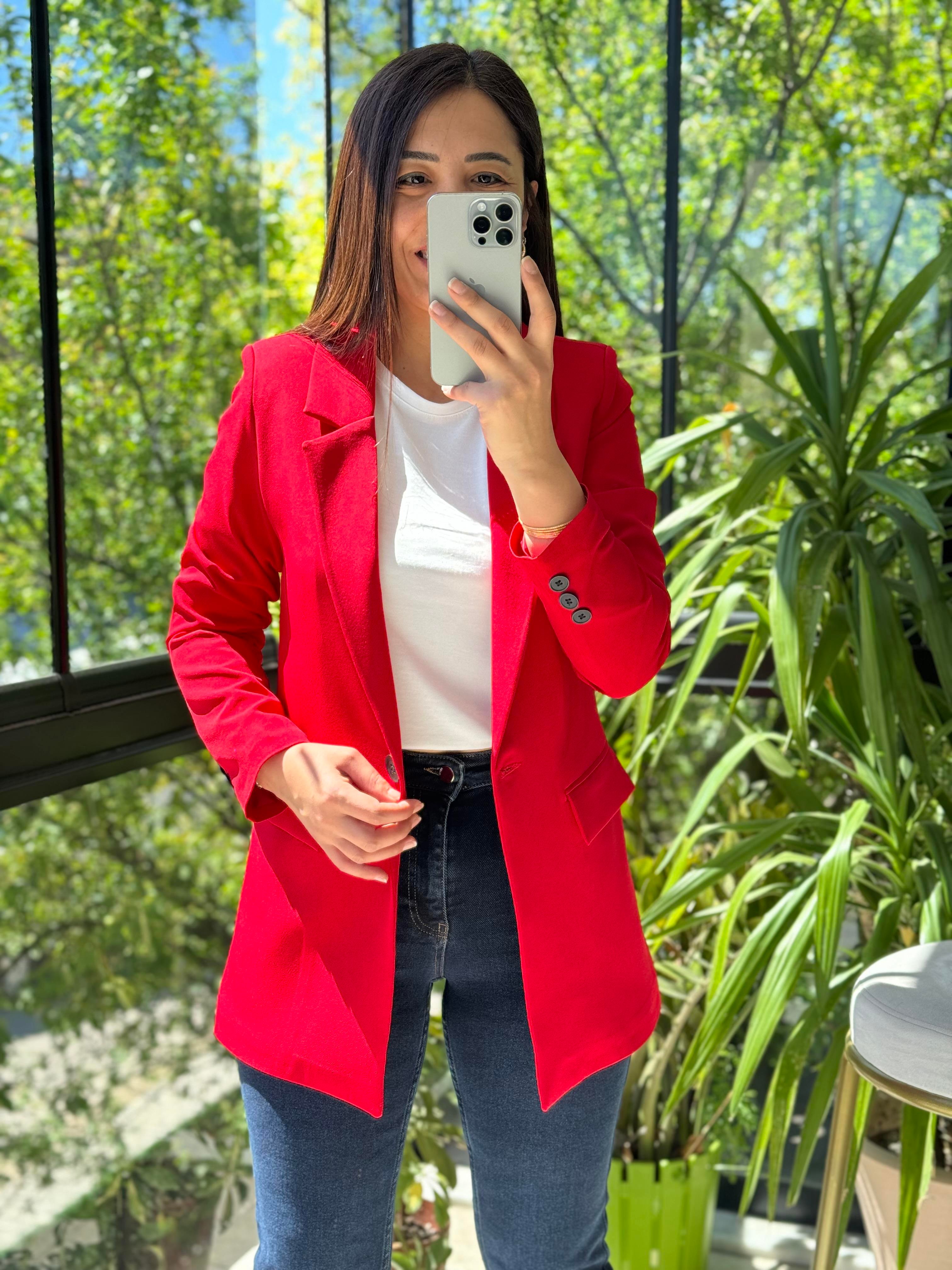 Kırmızı Tek Düğme Blazer Ceket