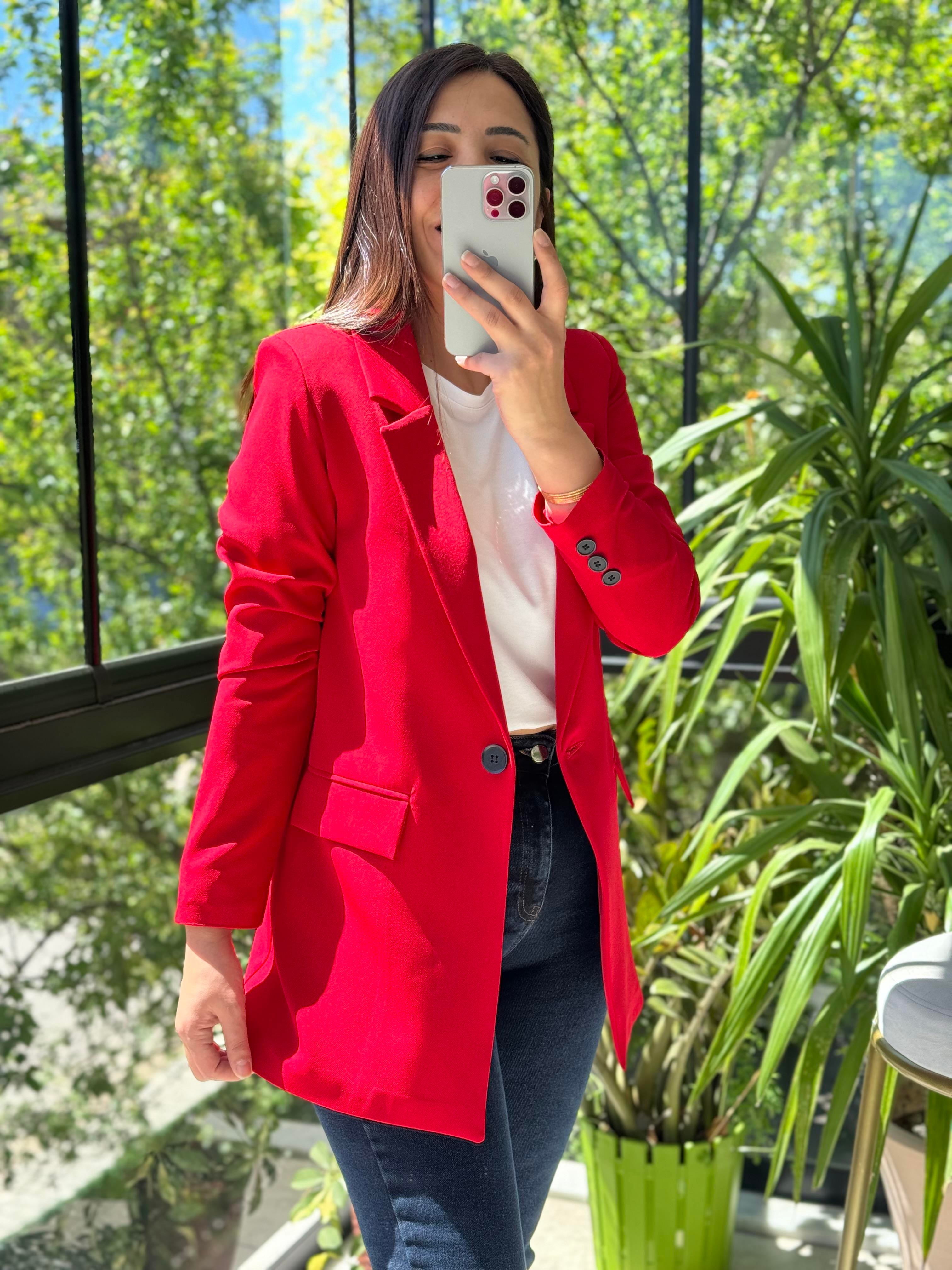 Kırmızı Tek Düğme Blazer Ceket