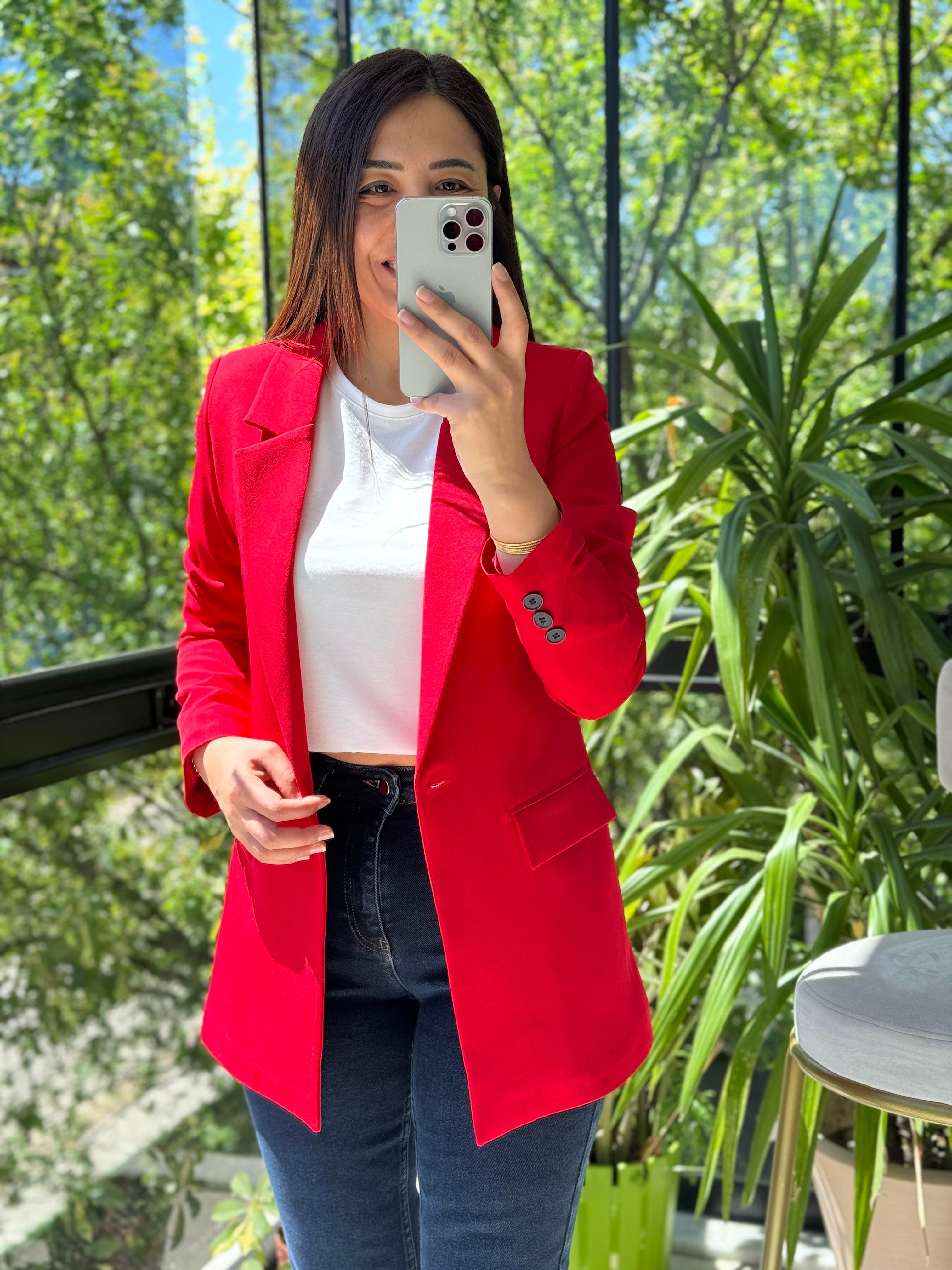 Kırmızı Tek Düğme Blazer Ceket