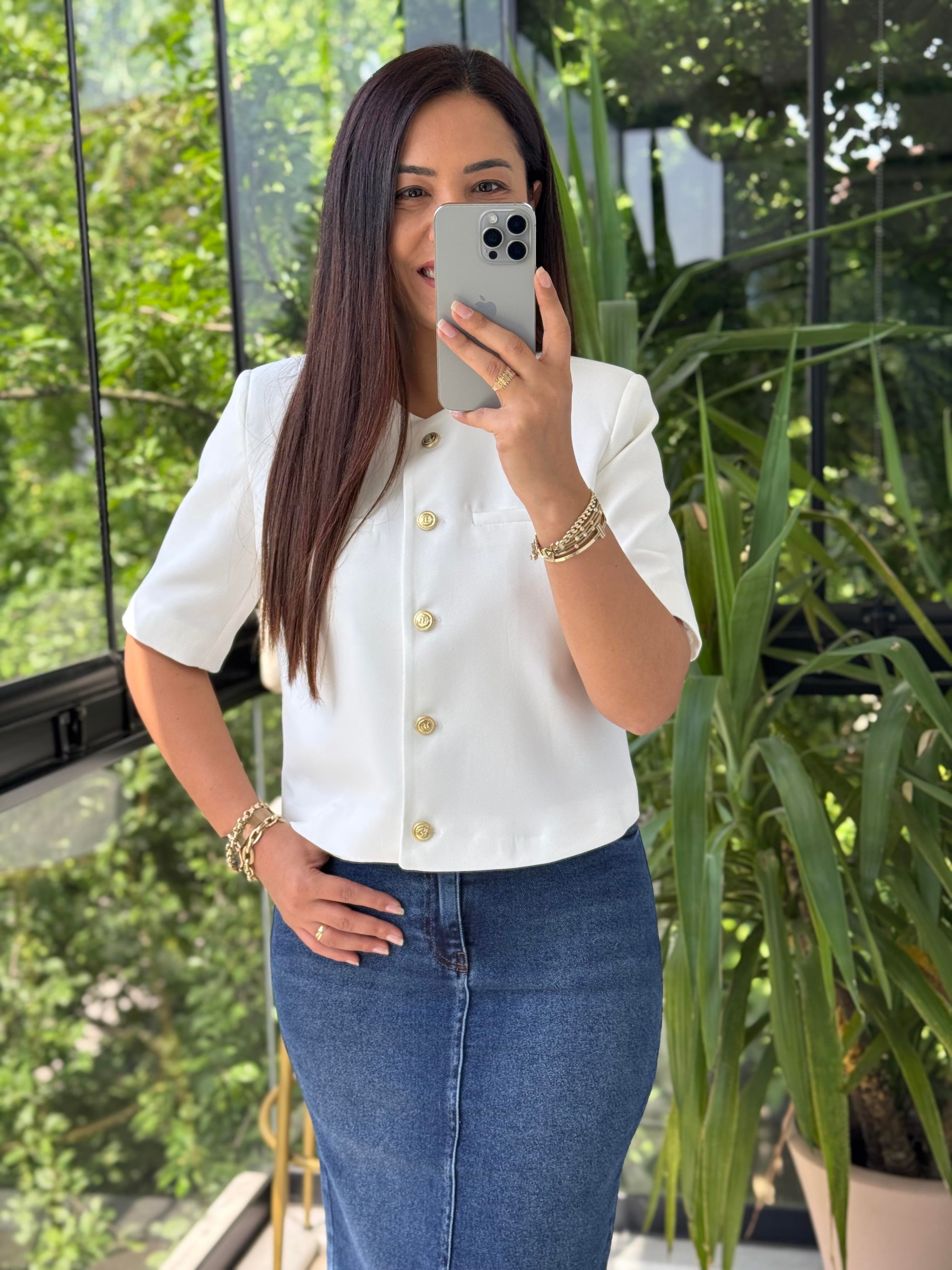 Kısa Kol Blazer Ceket Beyaz