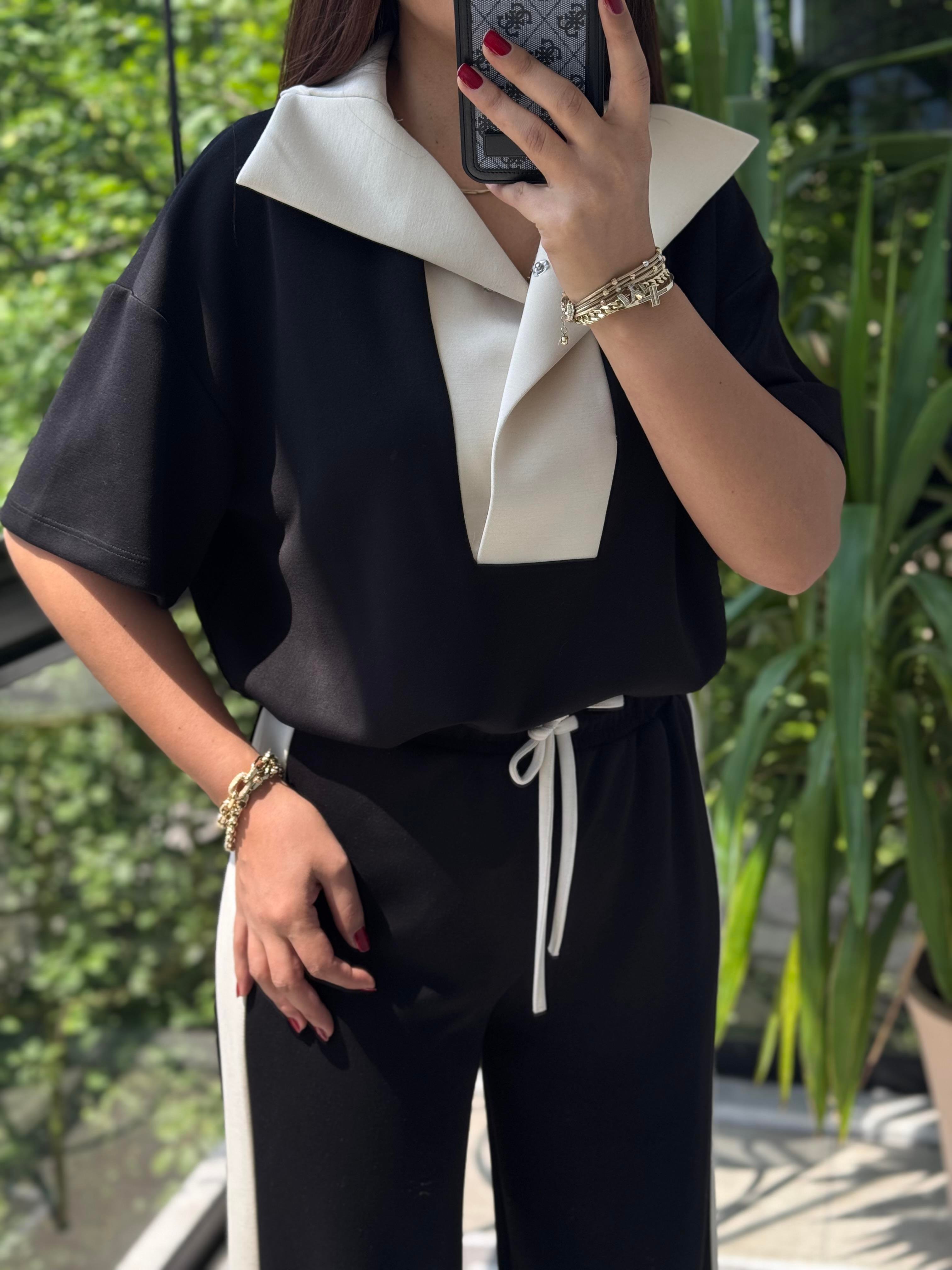 Kısa Kollu Garnili Takım Siyah