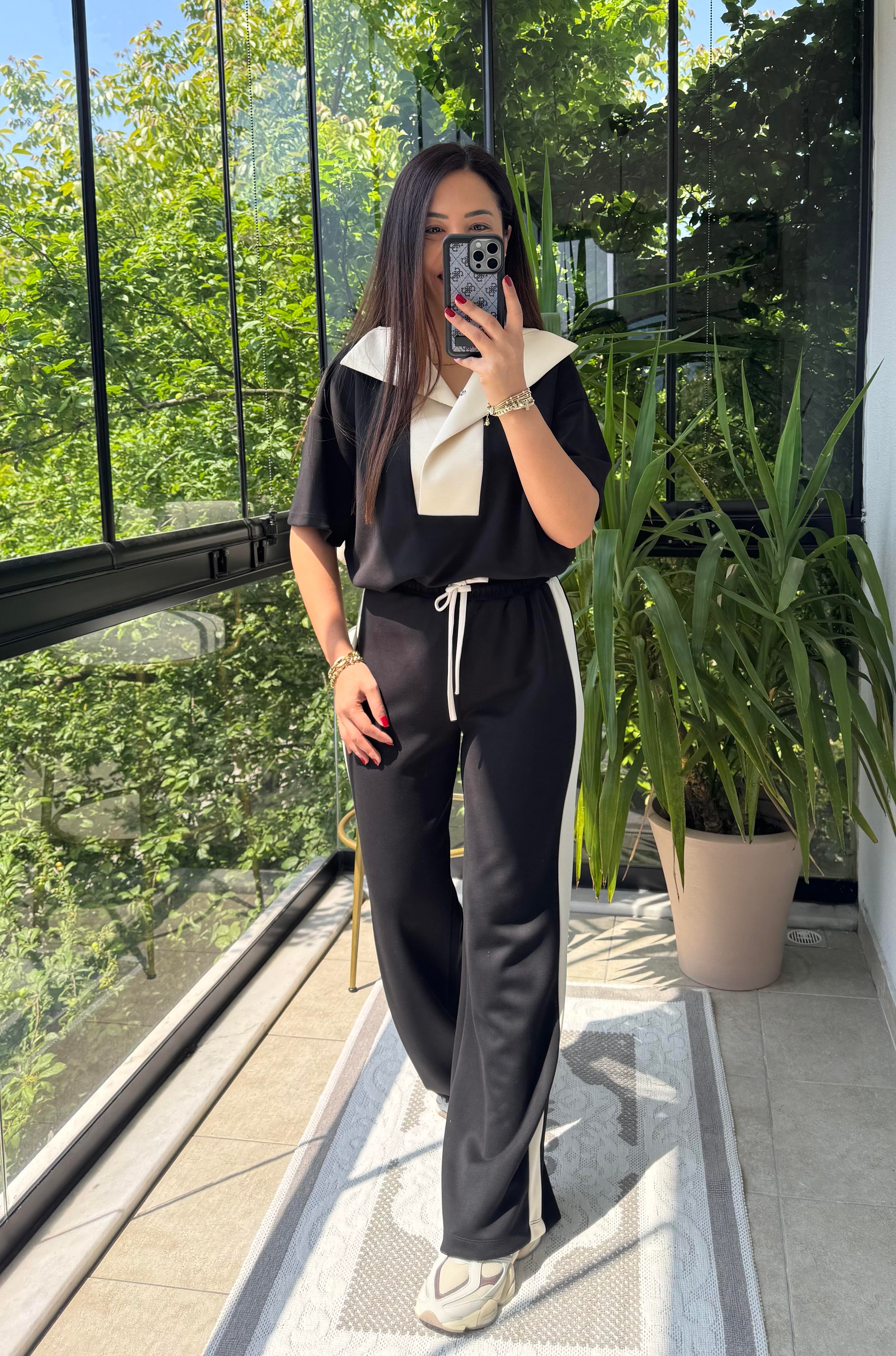 Kısa Kollu Garnili Takım Siyah