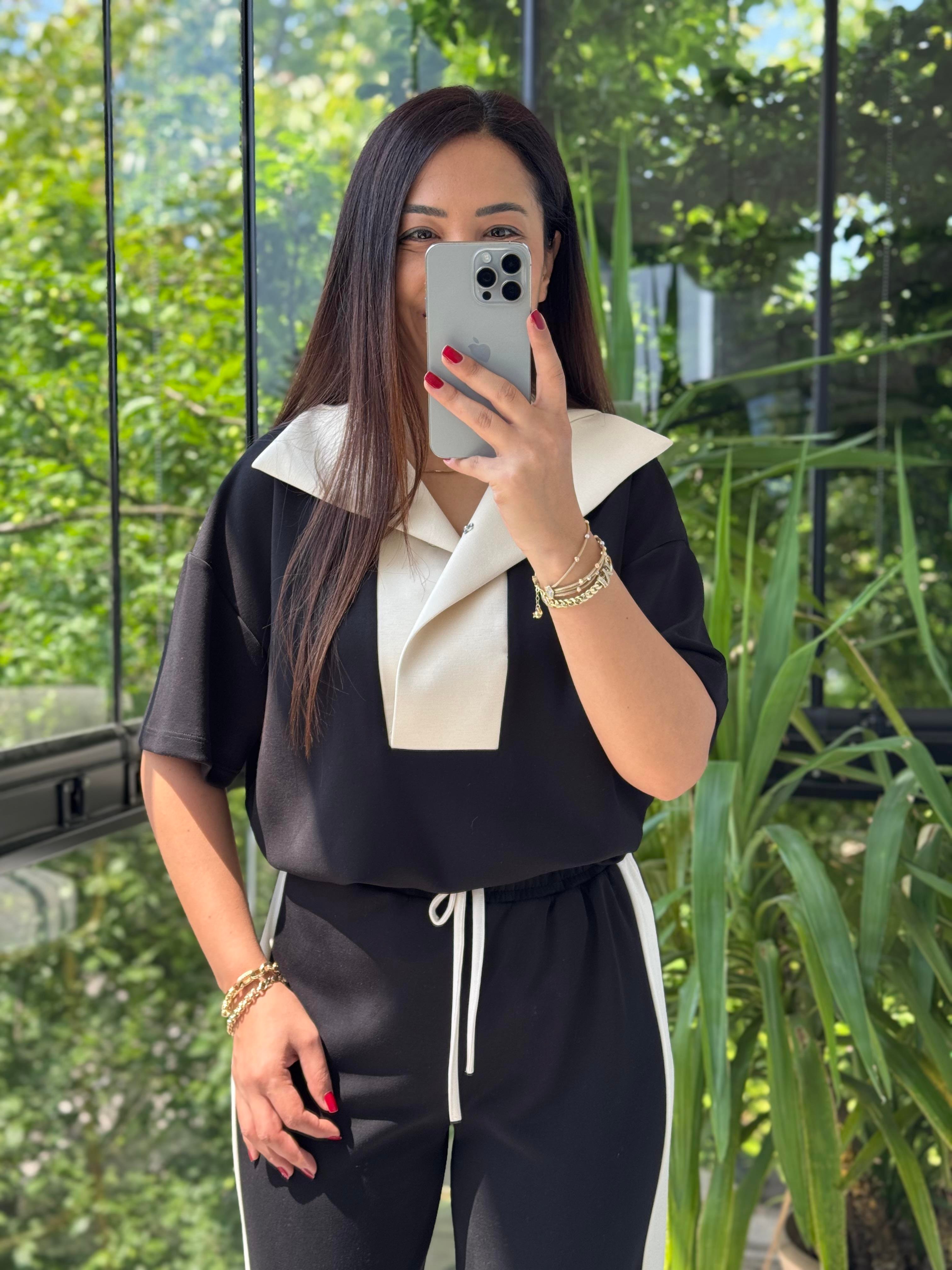 Kısa Kollu Garnili Takım Siyah