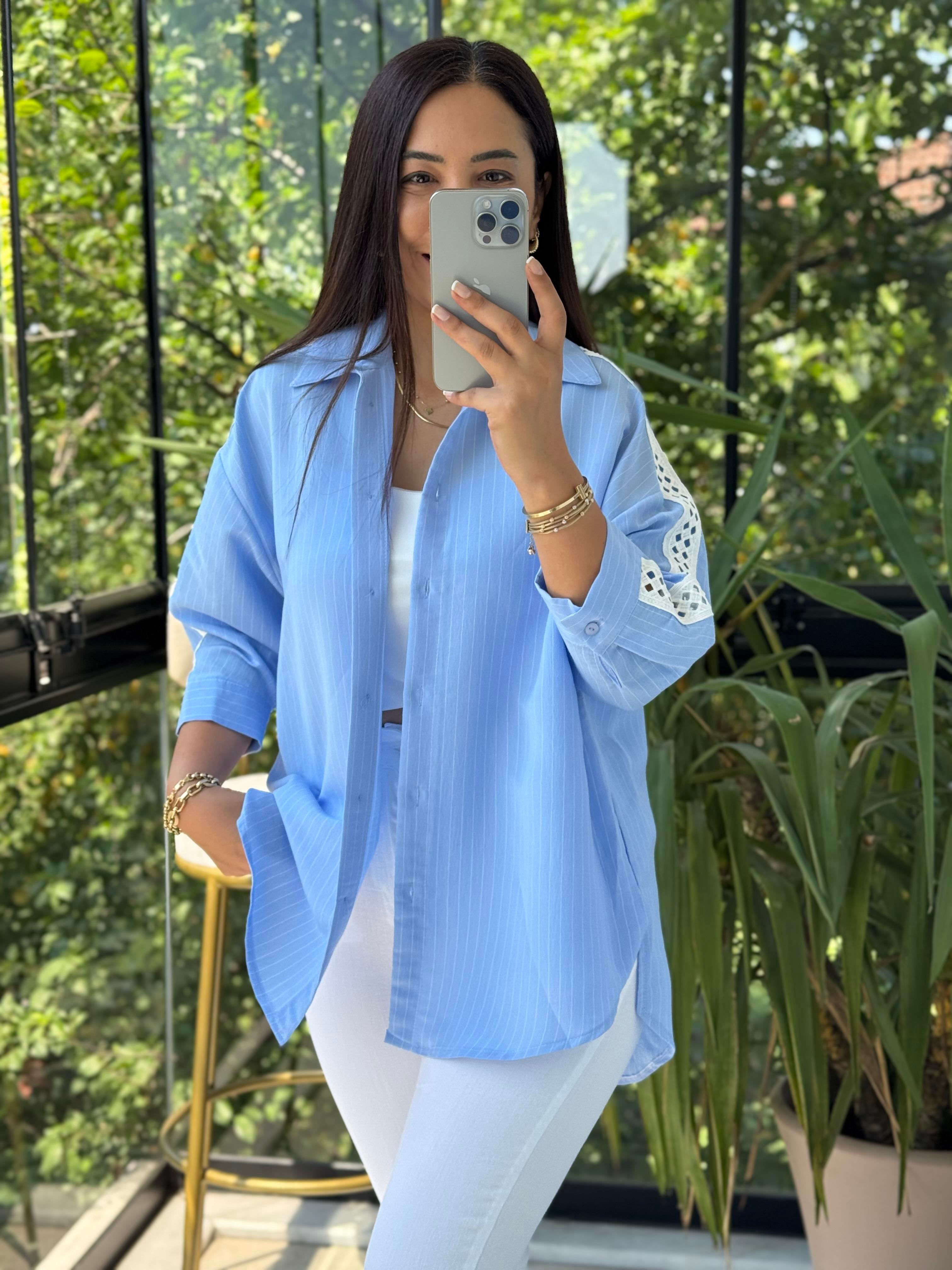 Kol Detaylı Çizgili Gömlek Mavi