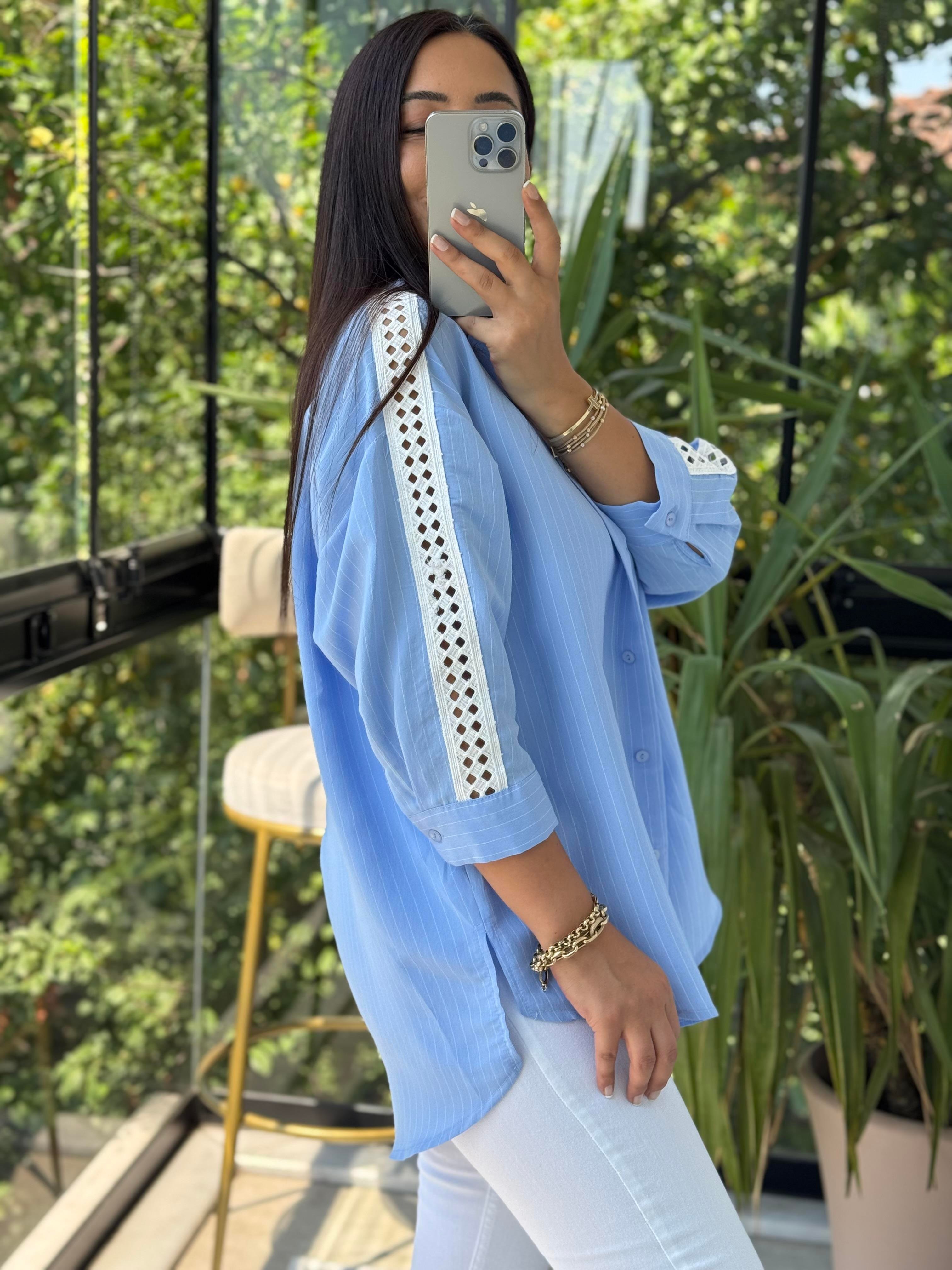 Kol Detaylı Çizgili Gömlek Mavi