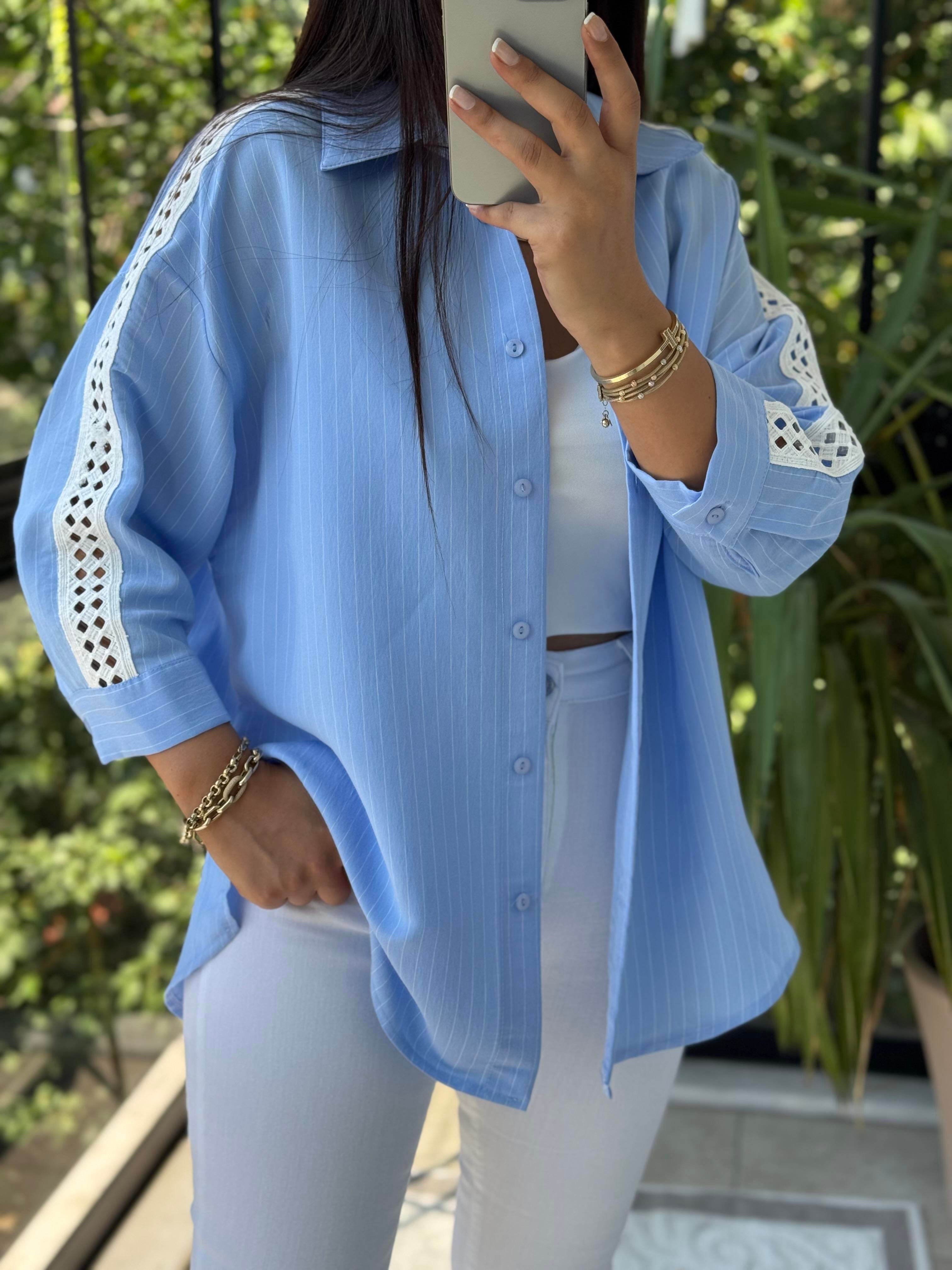 Kol Detaylı Çizgili Gömlek Mavi