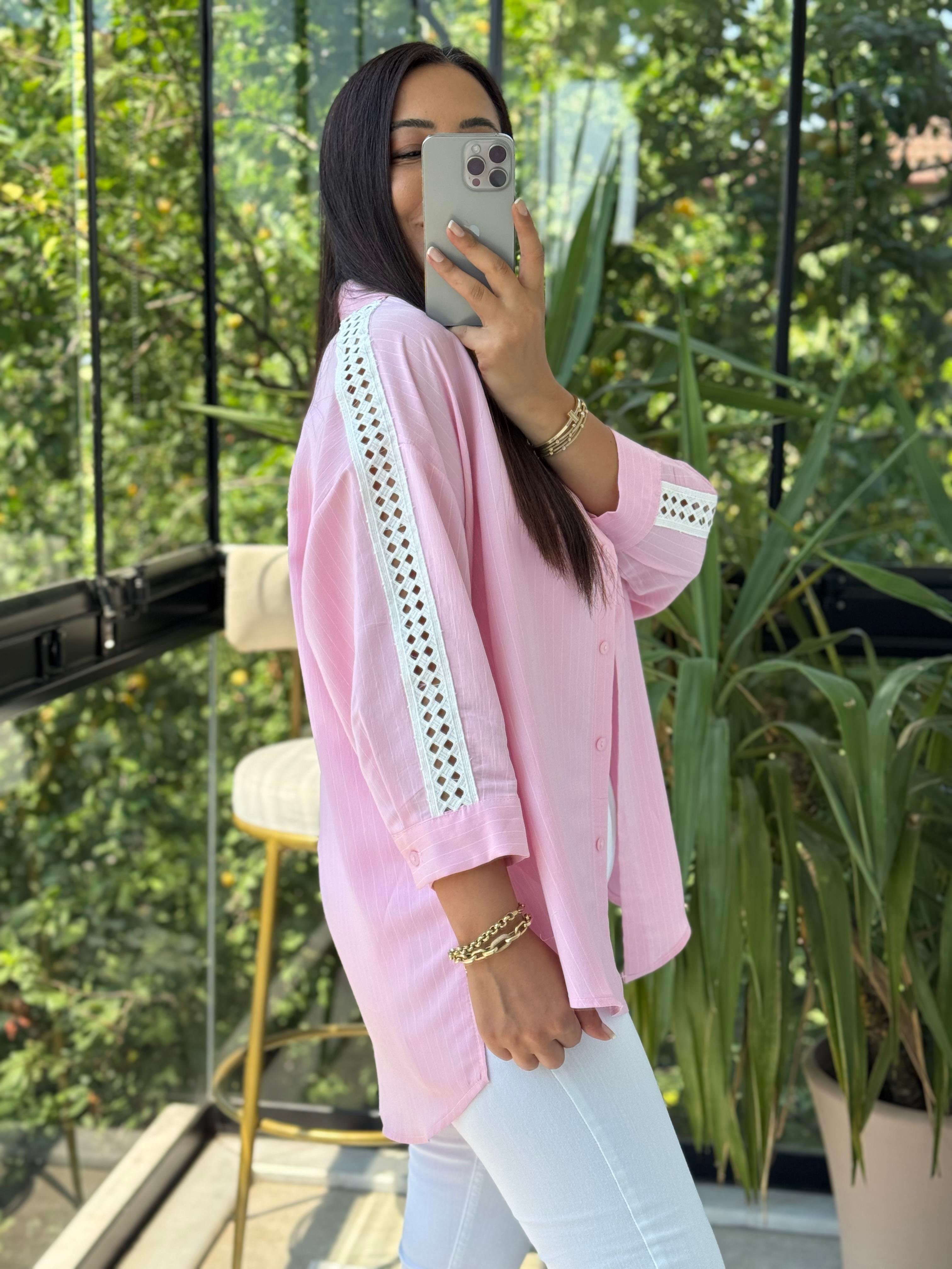 Kol Detaylı Çizgili Gömlek Pembe