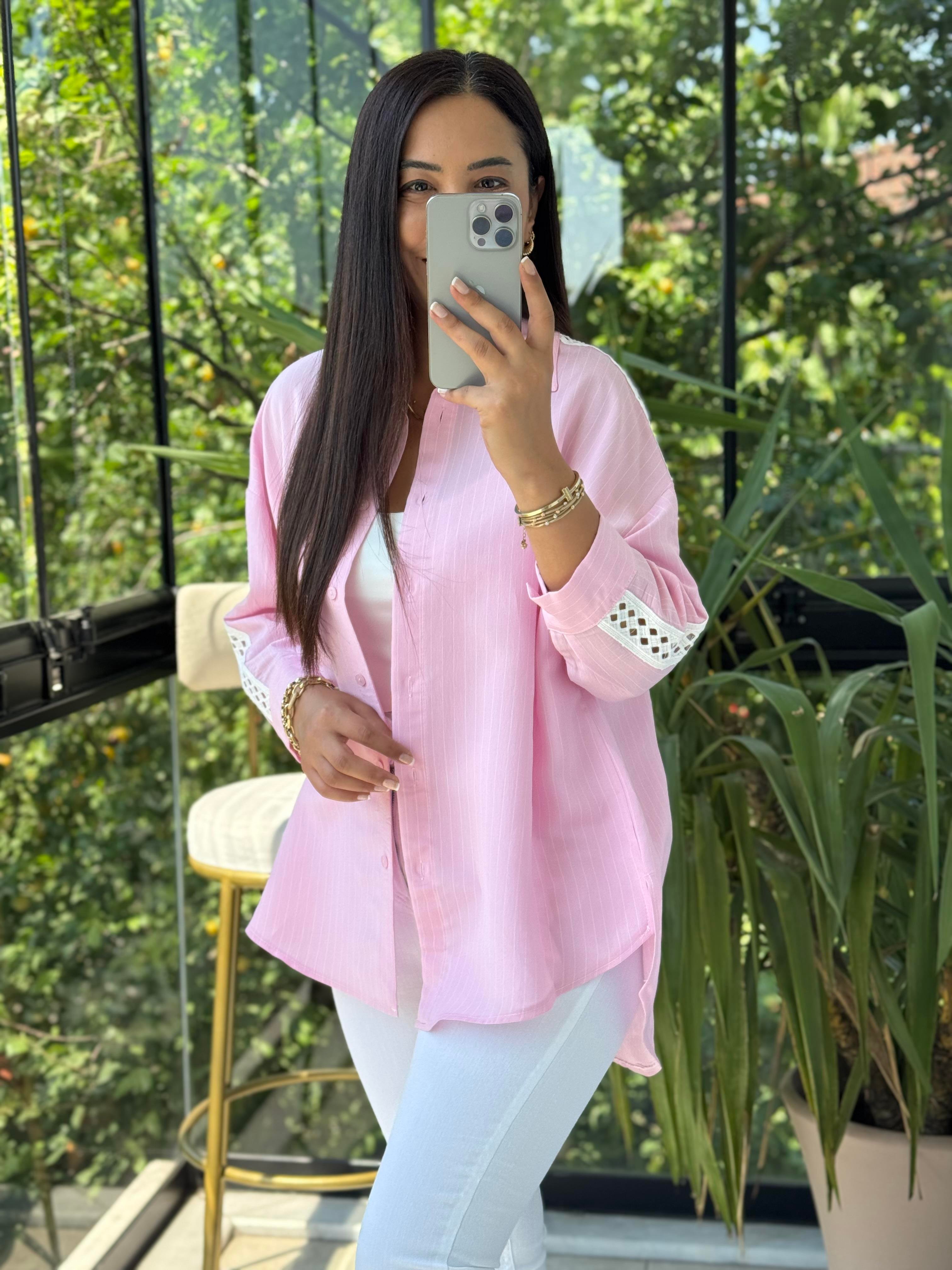 Kol Detaylı Çizgili Gömlek Pembe